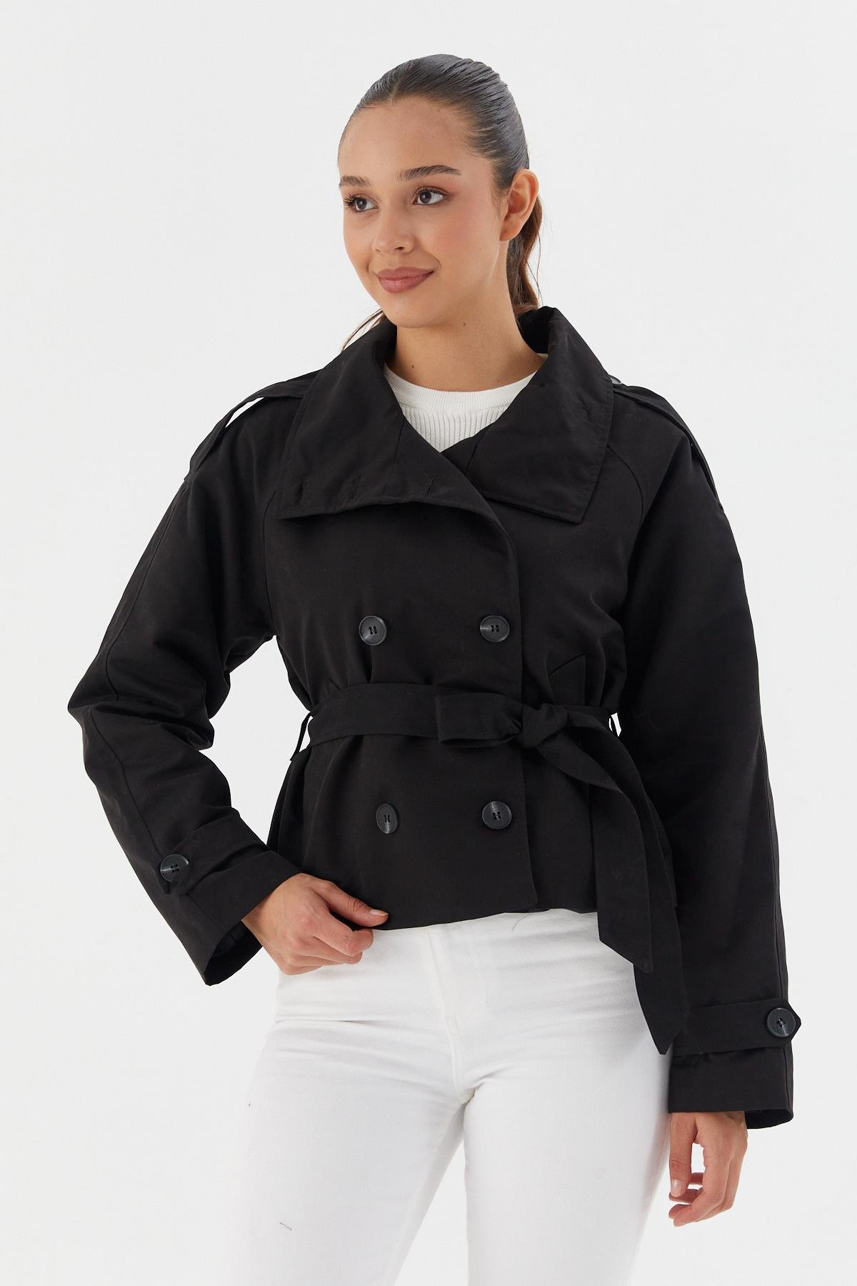 Beli Kuşaklı Crop Trençkot SIYAH