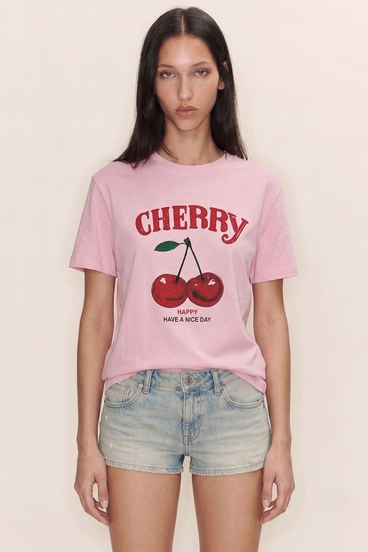 Cherry Baskılı Oversize Tişört PEMBE