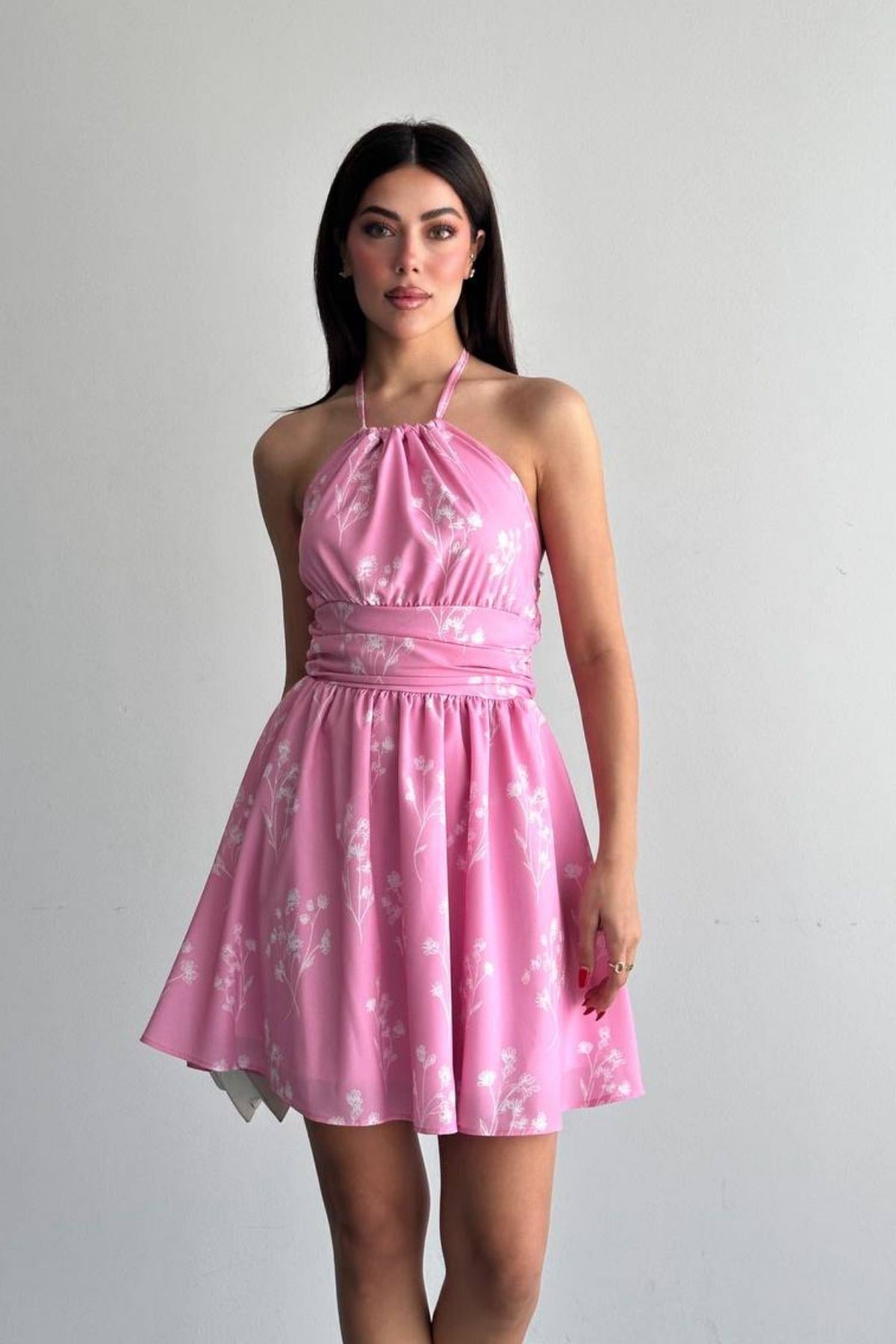 Desenli Kısa Elbise PEMBE