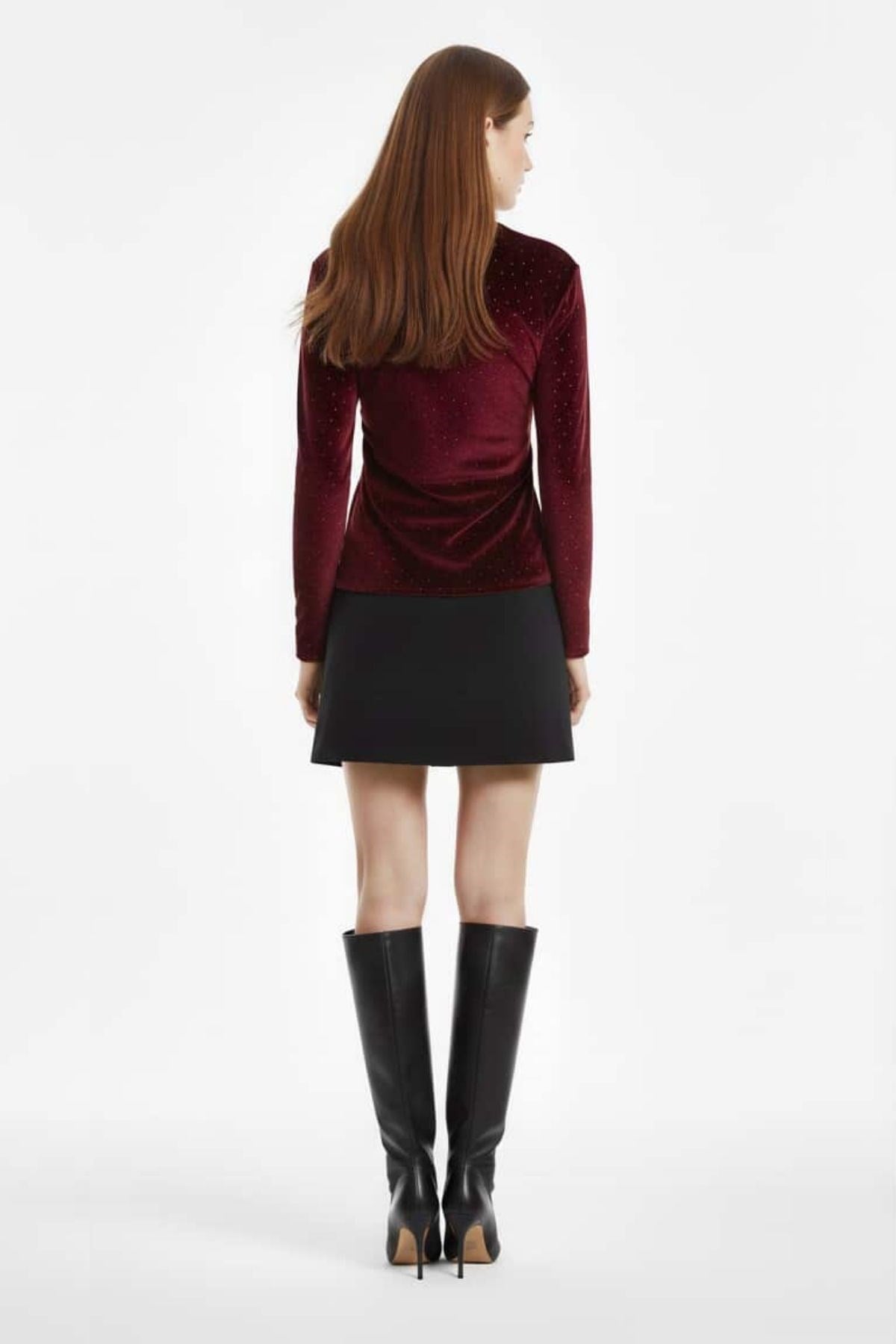 Drape Yaka Taşlı Kadife Bluz BORDO