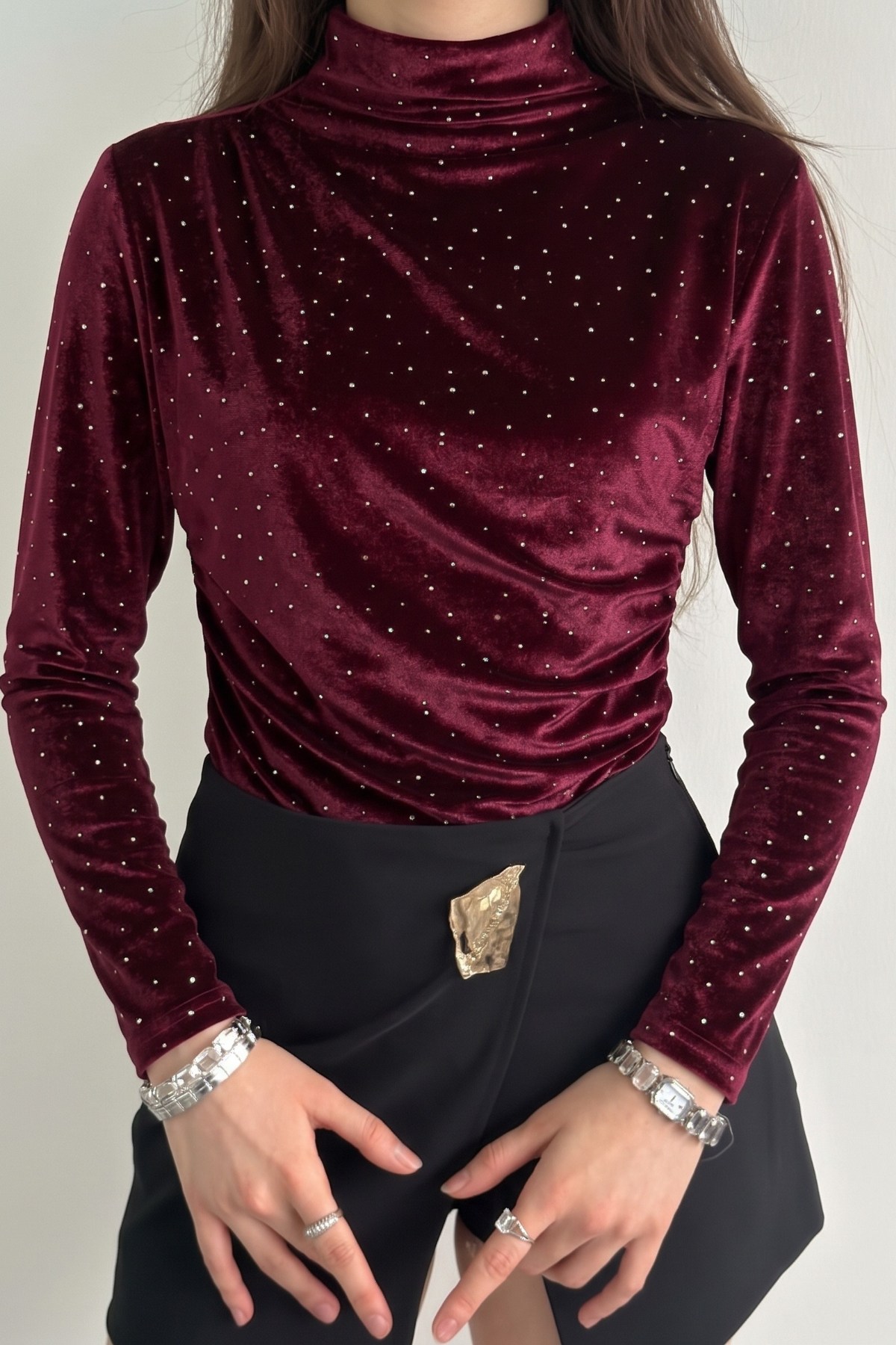 Drape Yaka Taşlı Kadife Bluz BORDO