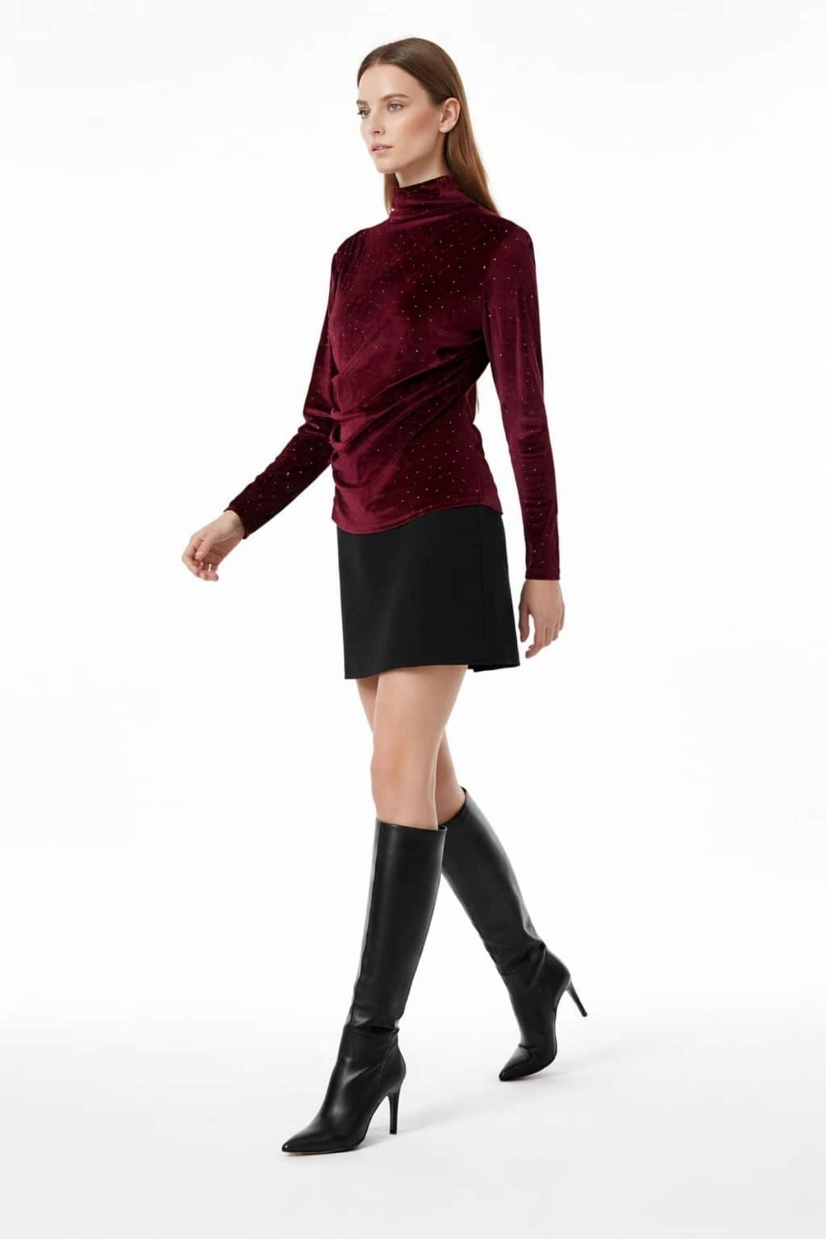 Drape Yaka Taşlı Kadife Bluz BORDO