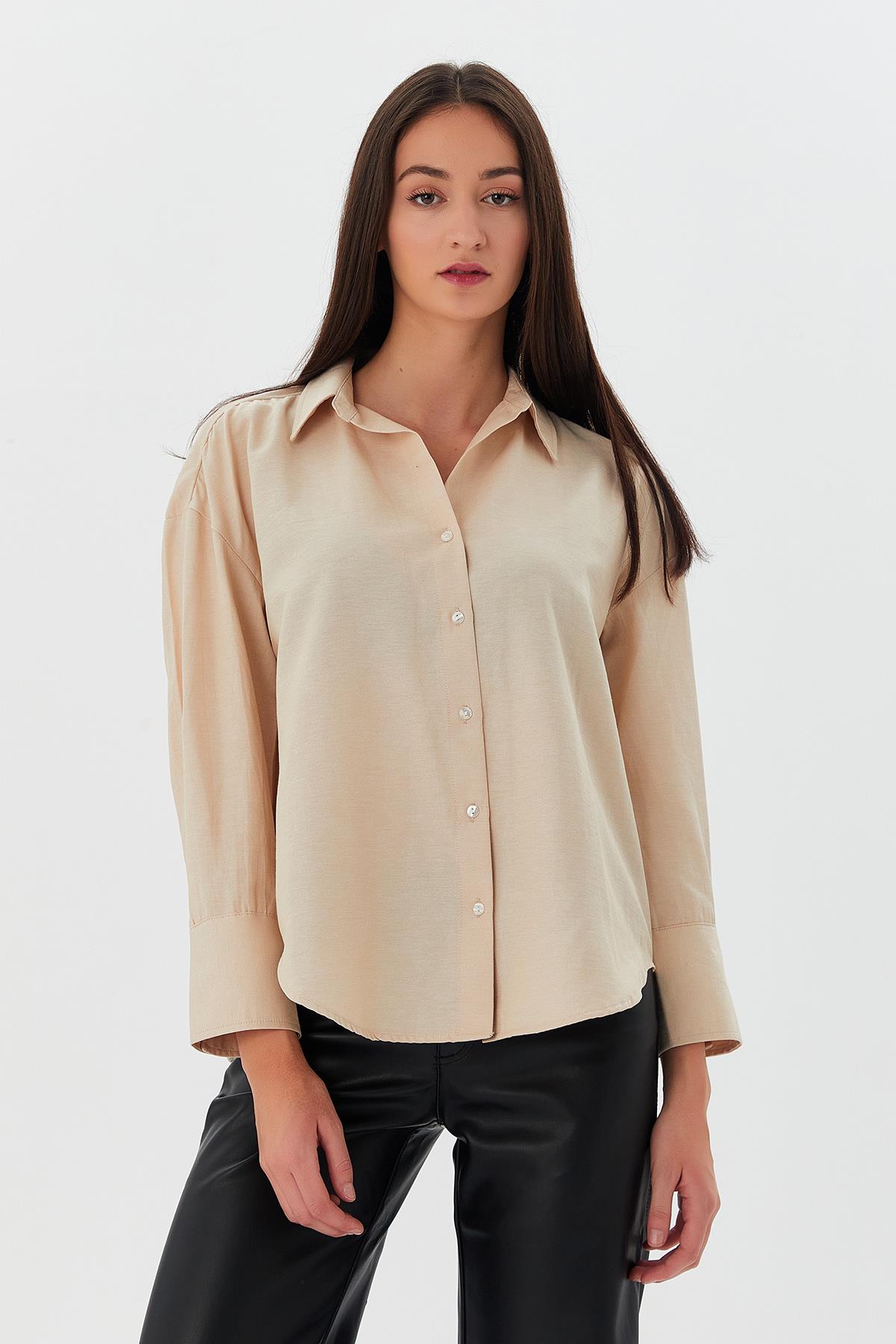 Düğmeli Basic Gömlek BEJ