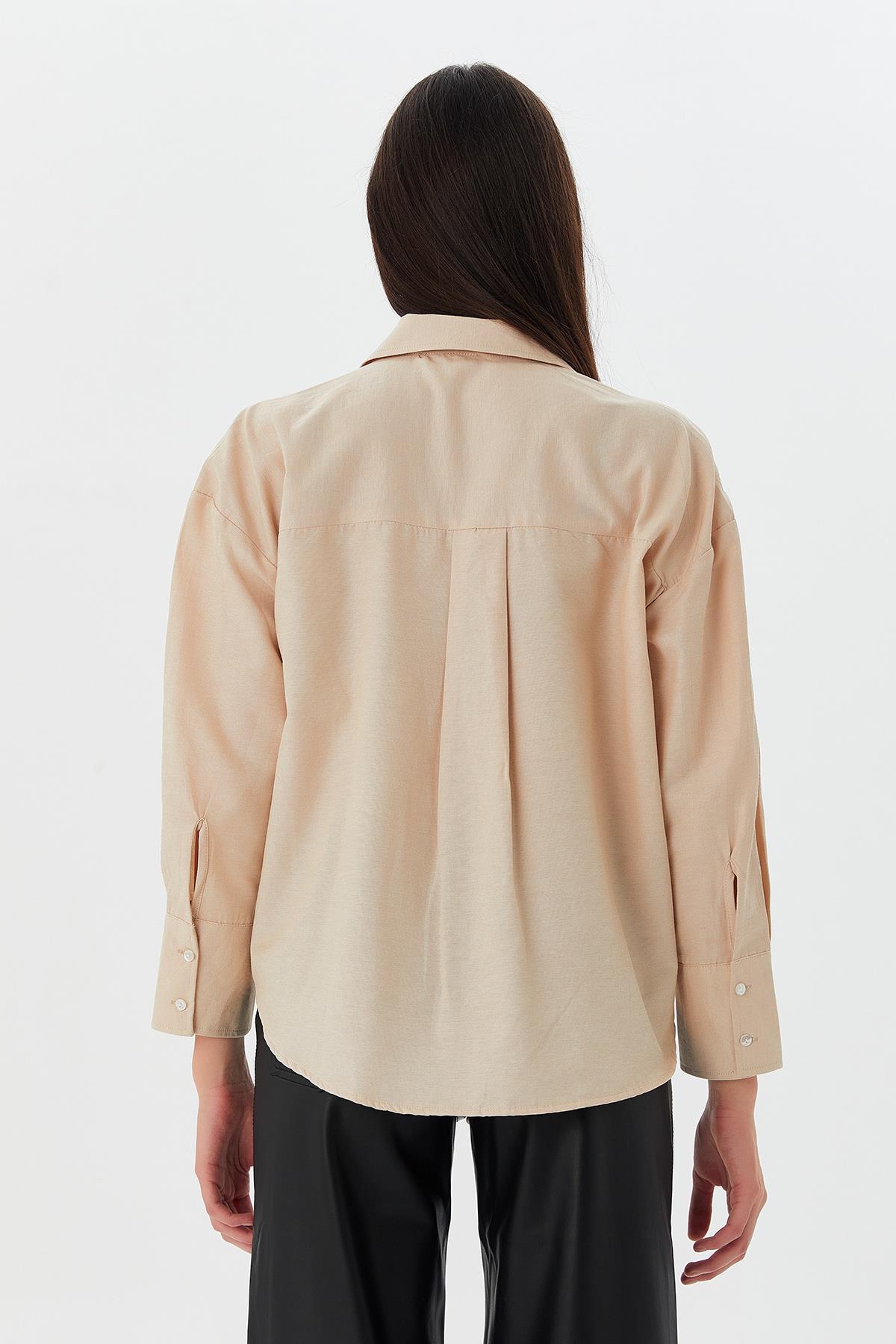 Düğmeli Basic Gömlek BEJ