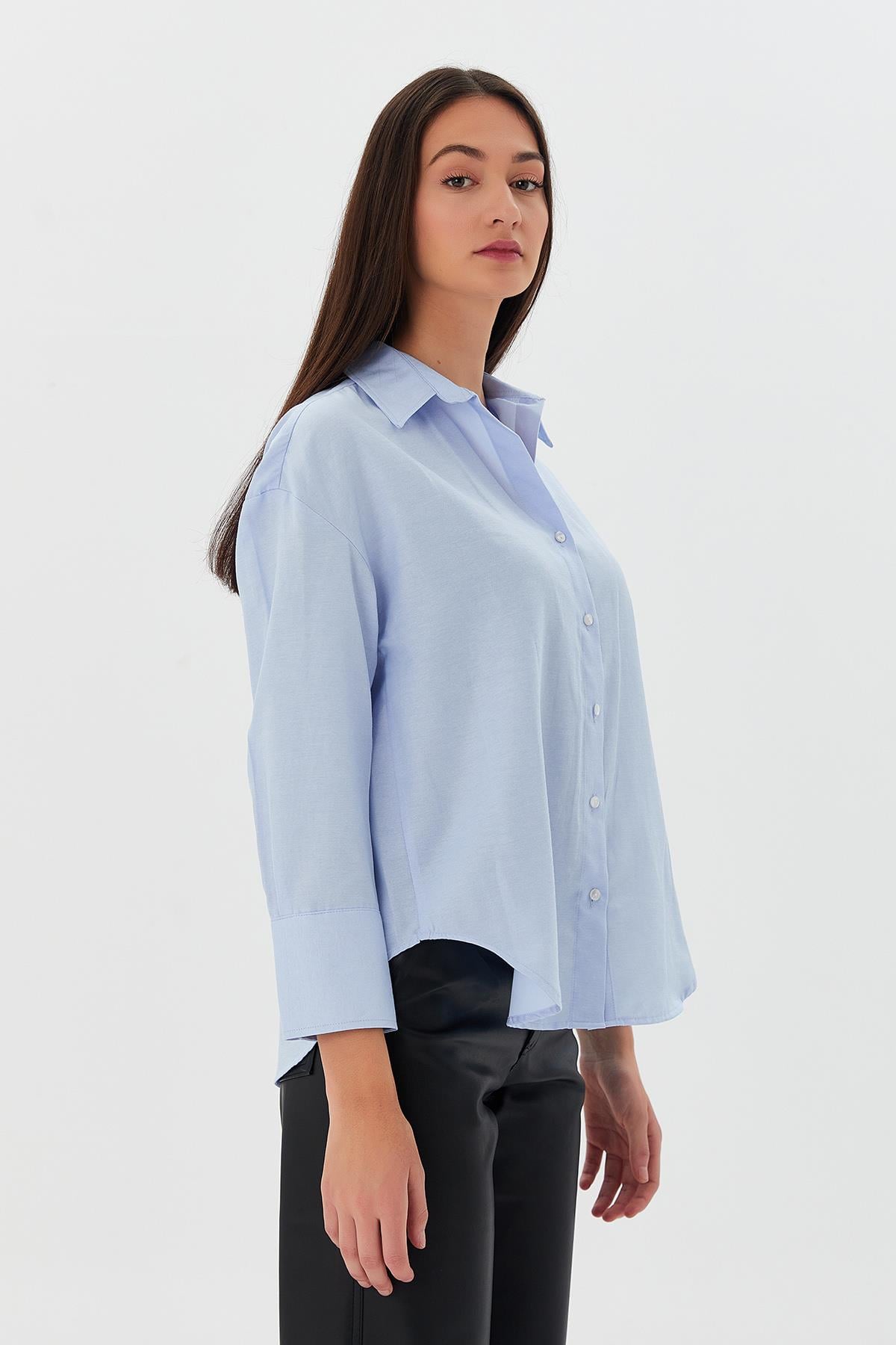 Düğmeli Basic Gömlek MAVI