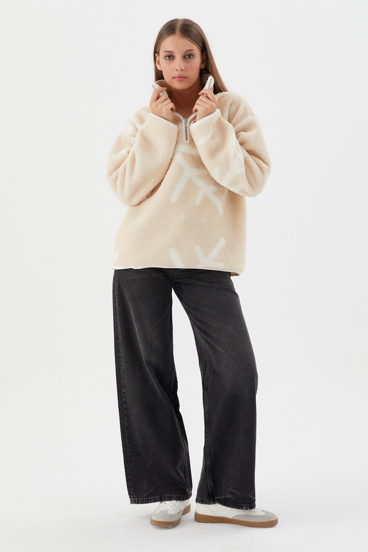 Fermuarlı Polar Sweatshirt EKRU