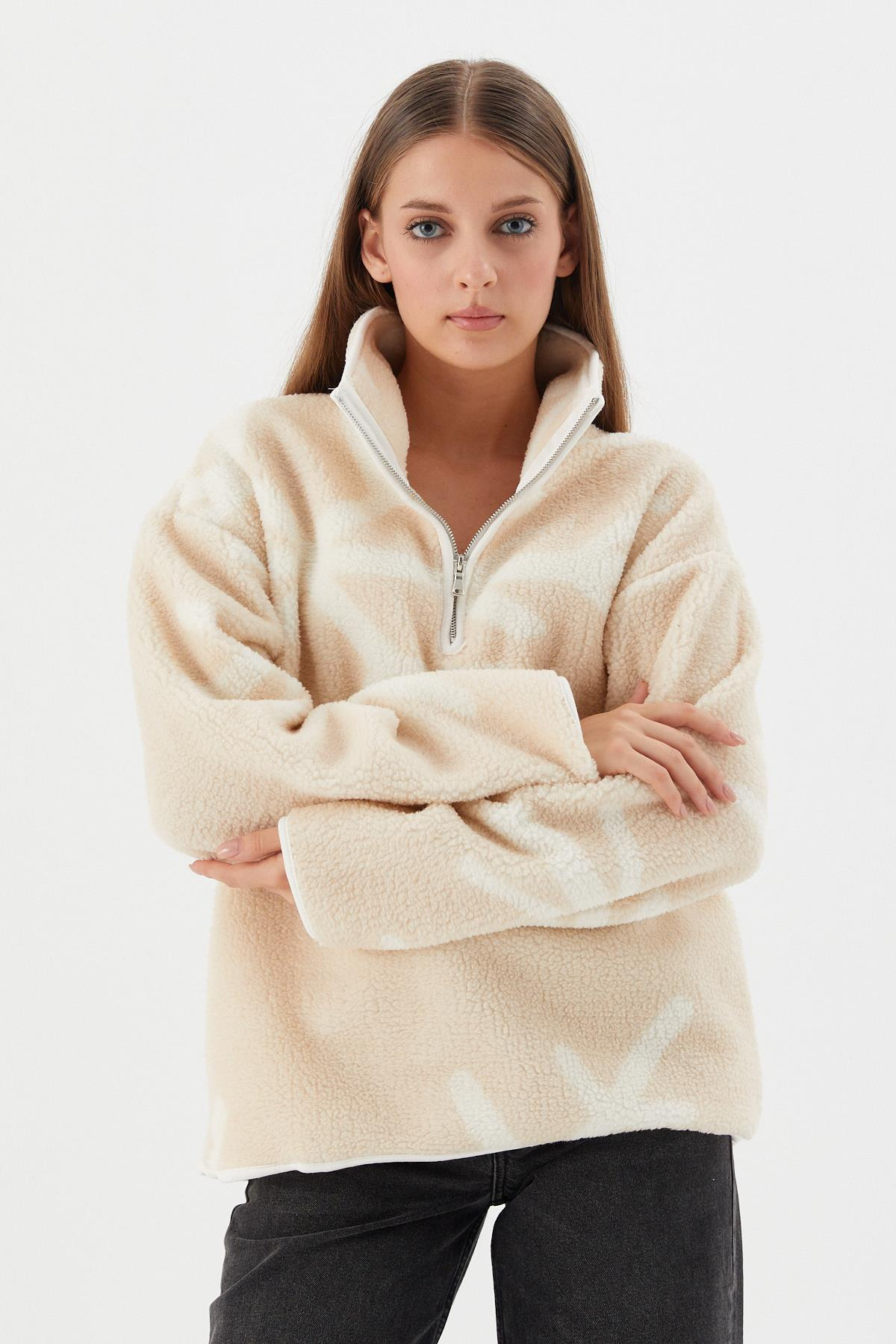 Fermuarlı Polar Sweatshirt EKRU