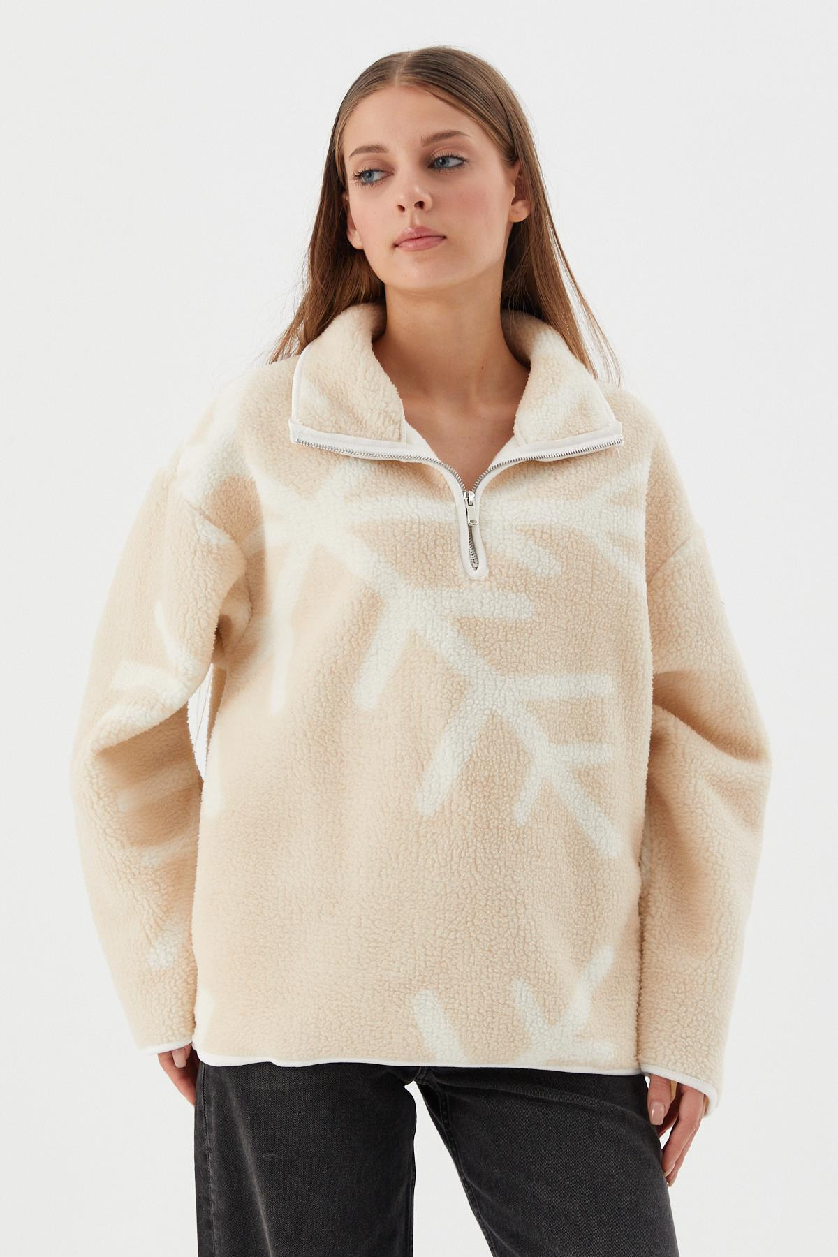 Fermuarlı Polar Sweatshirt EKRU