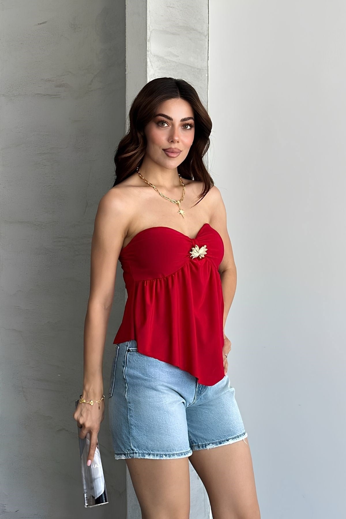 Gloplu Straplez Tokalı Crop Top KIRMIZI