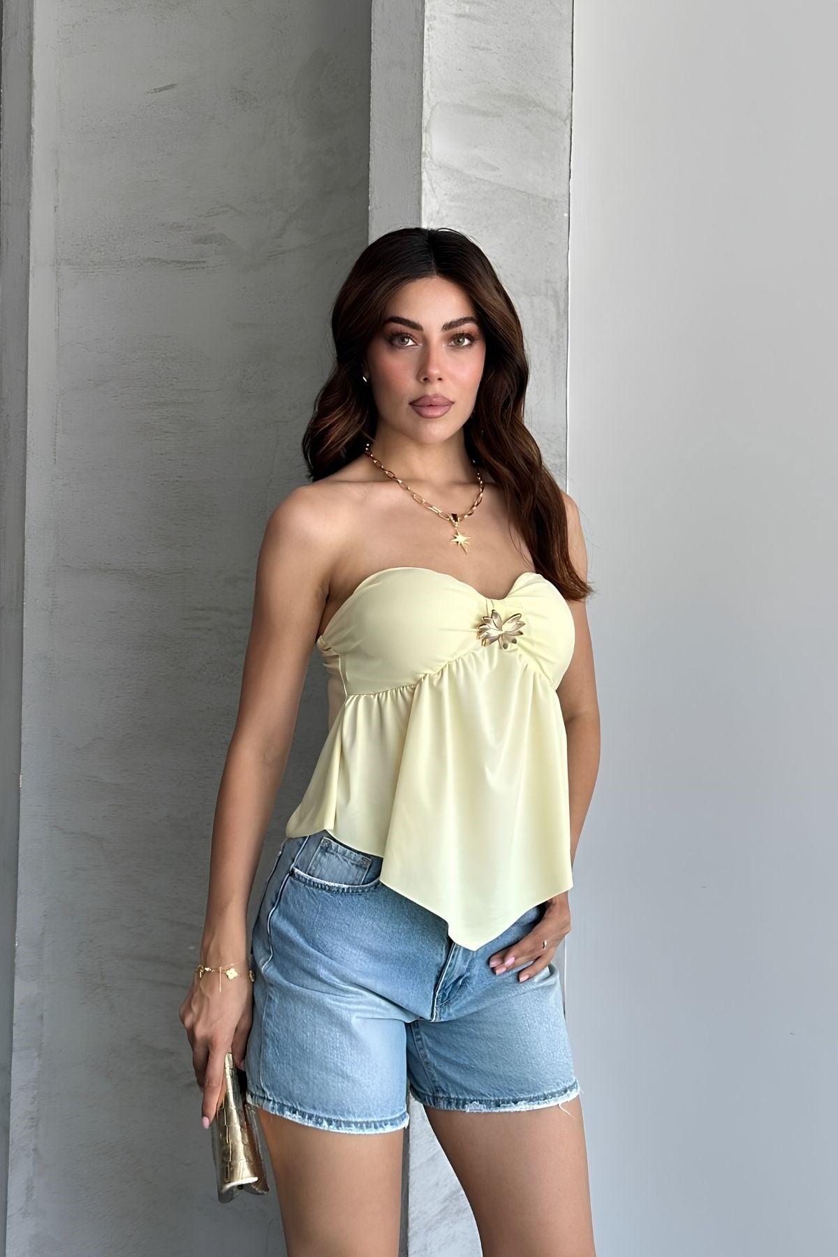 Gloplu Straplez Tokalı Crop Top SARI