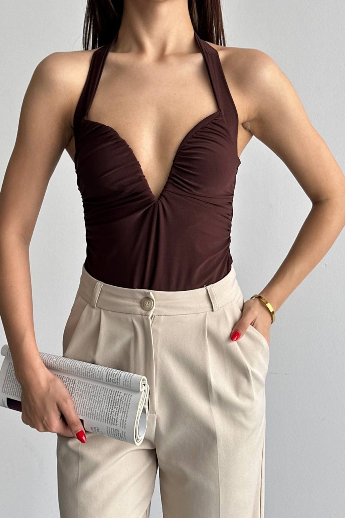 Göğsü Oval Demir Bodysuit KAHVE