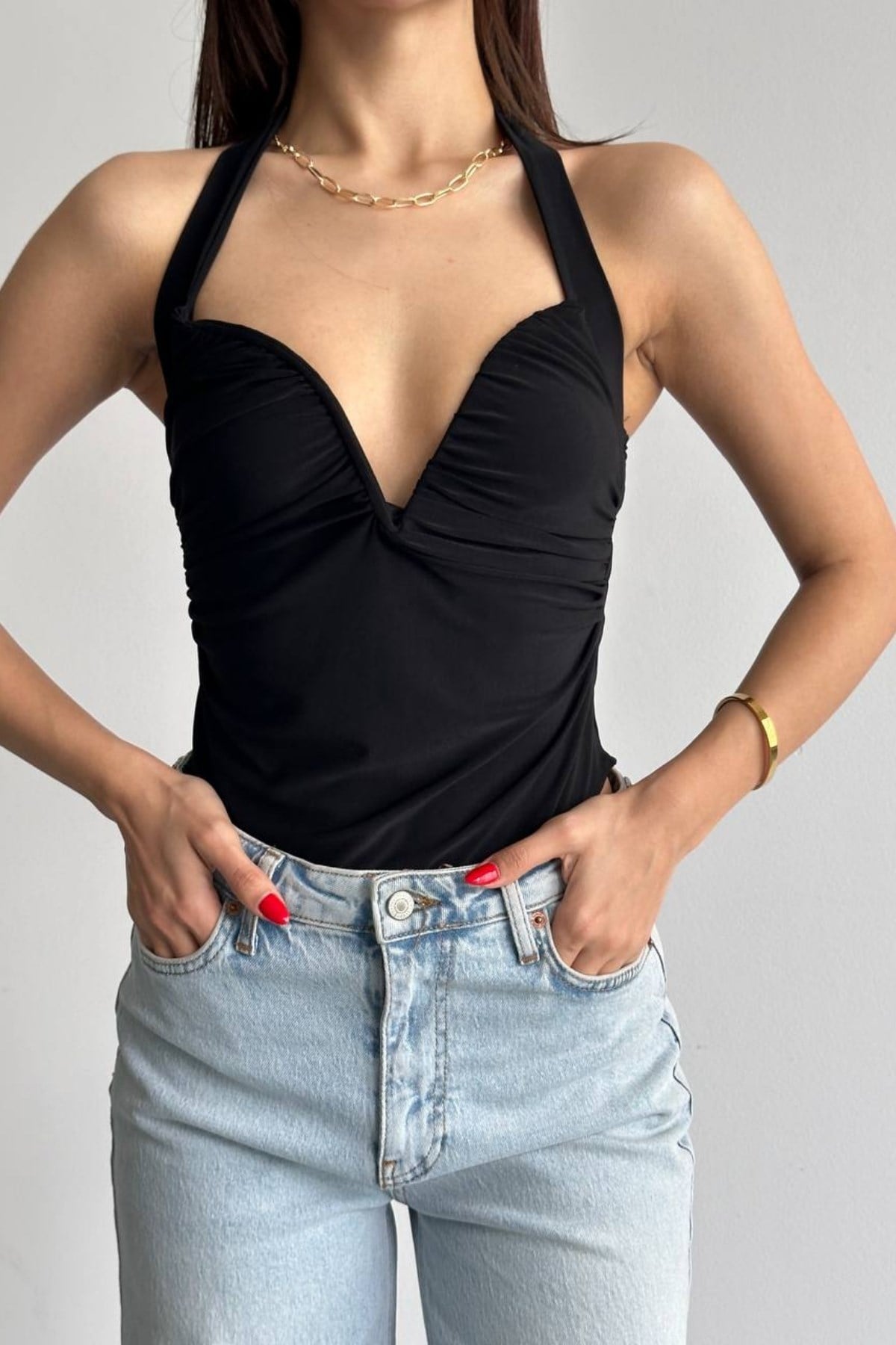 Göğsü Oval Demir Bodysuit SIYAH
