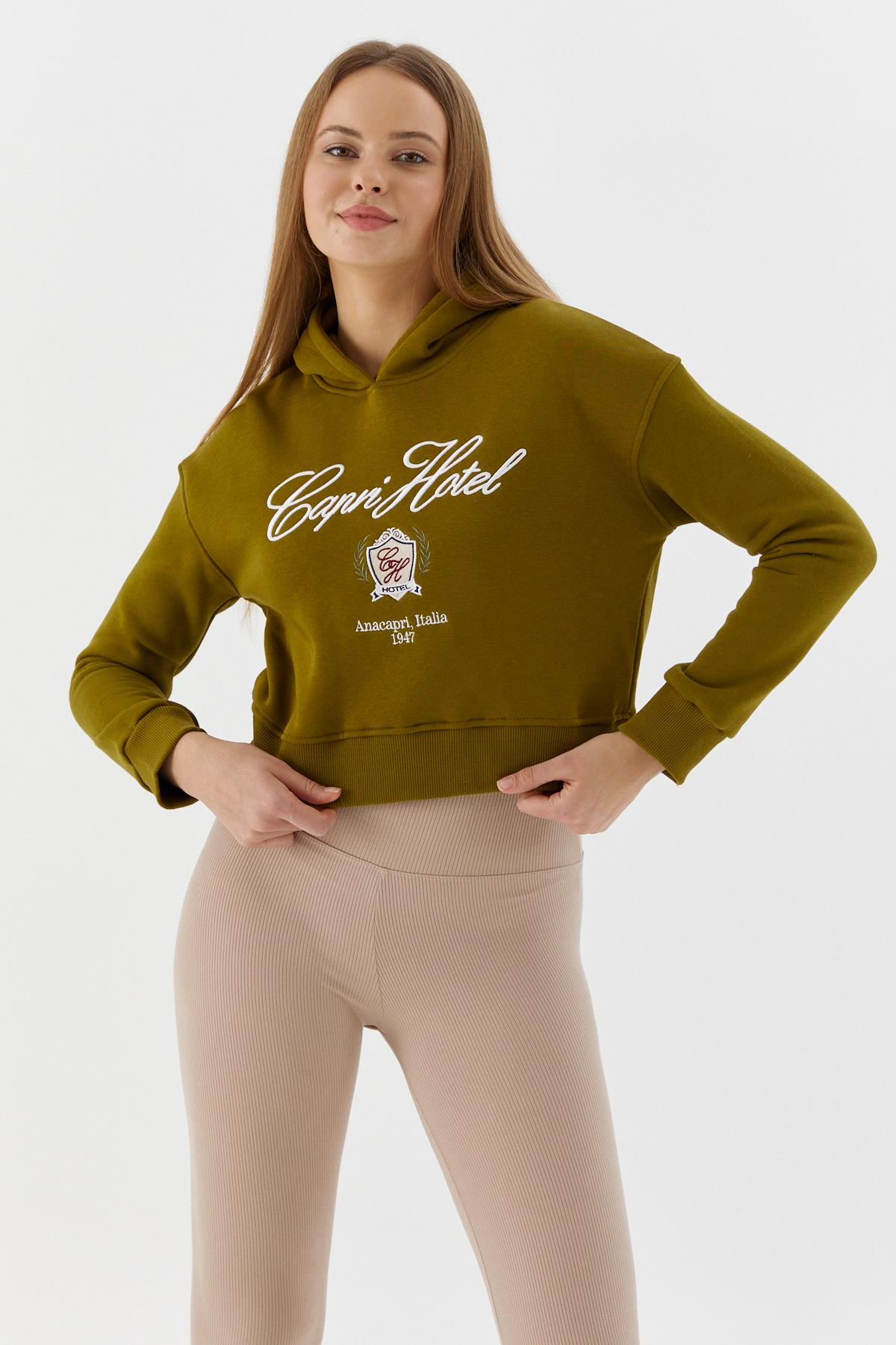 Kapüşonlu Kısa Sweatshirt OLIVE