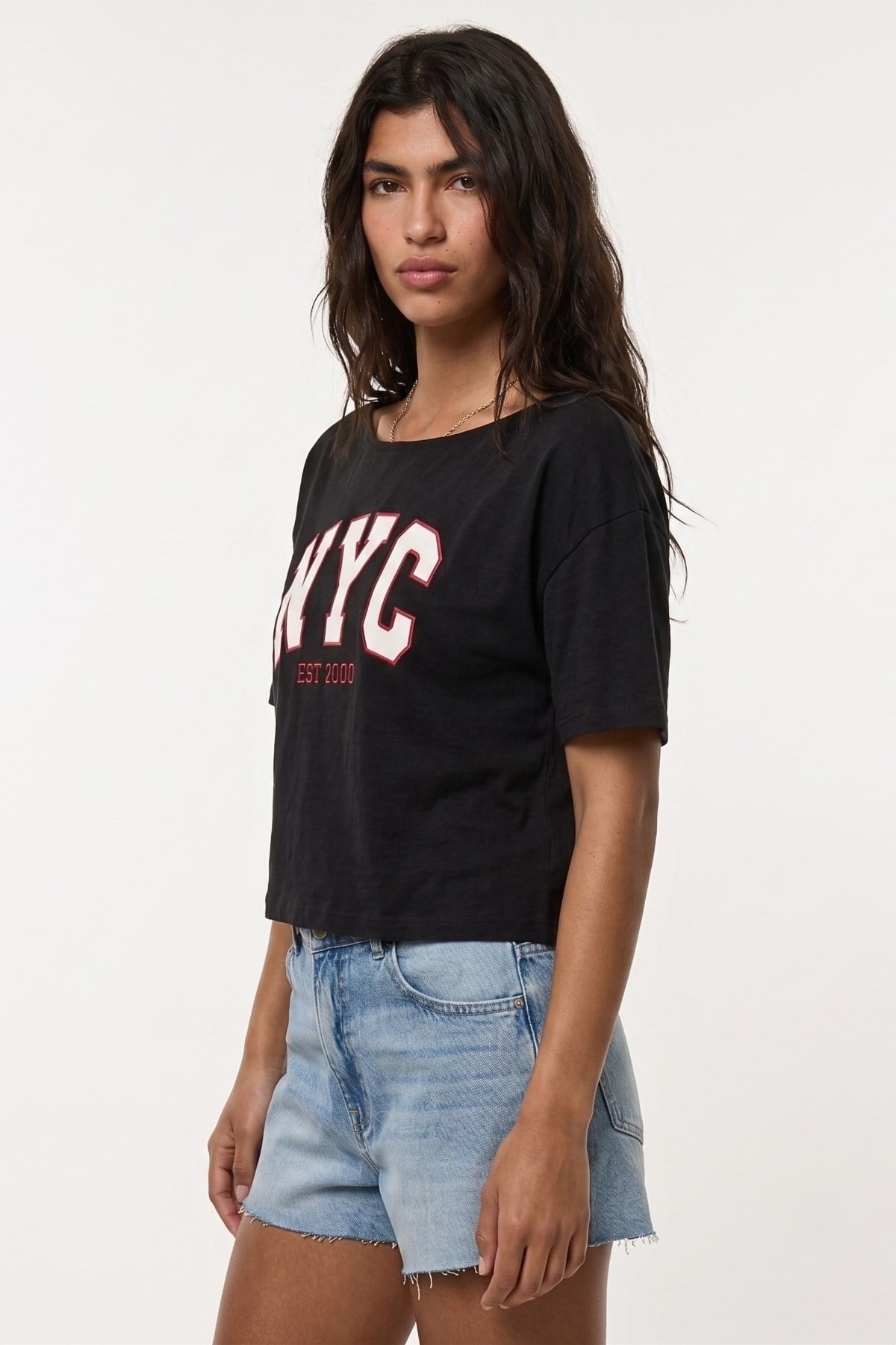 Kayık Yaka NYC Desenli Bluz SIYAH