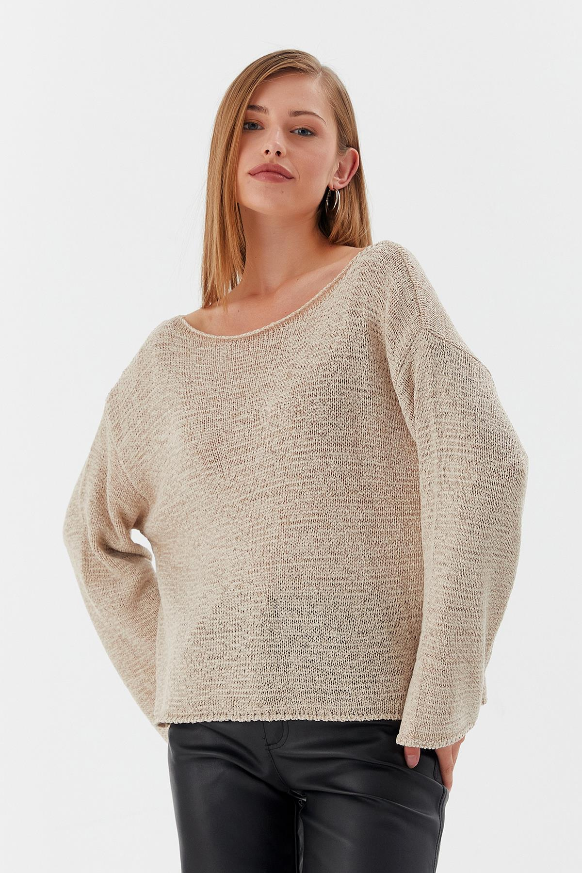 Kayık Yaka Oversize İnce Triko Kazak BEJ