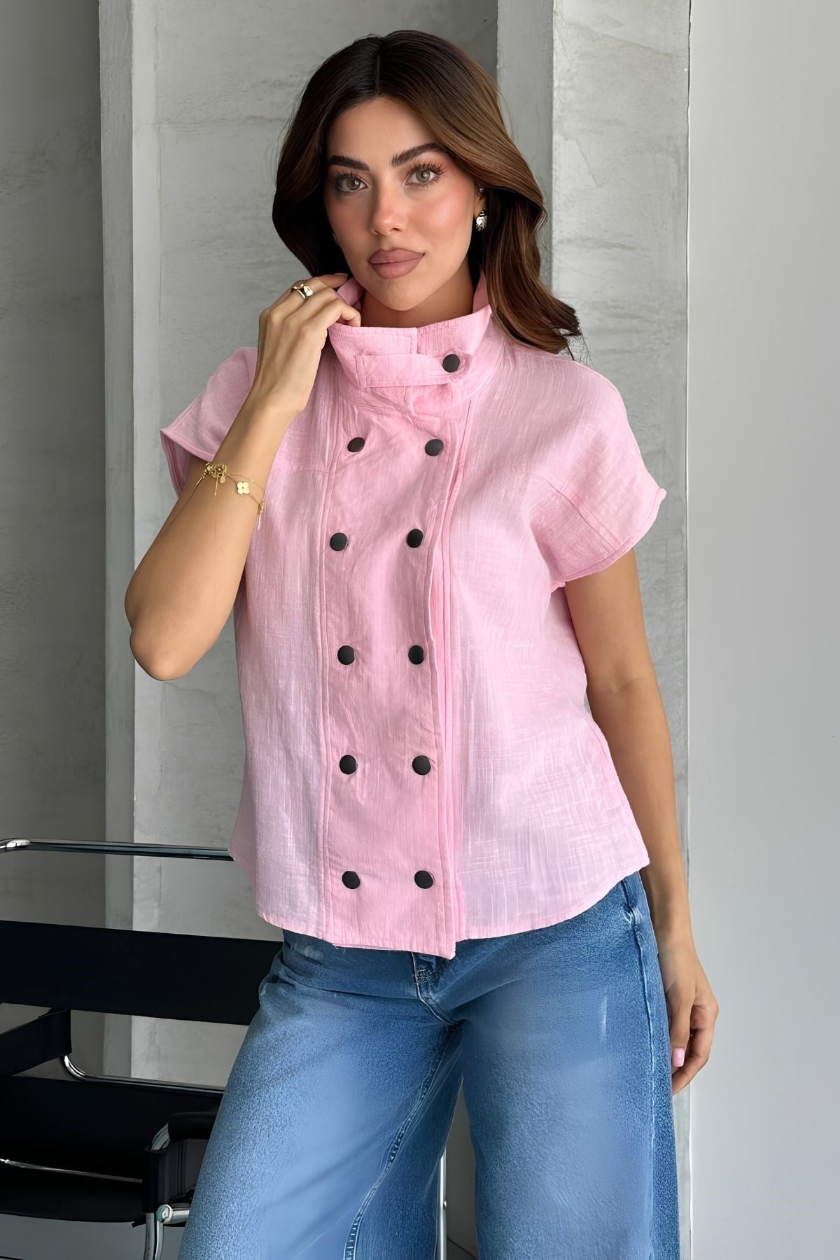 Keten Yıkamalı Kolsuz Yelek Bluz PEMBE