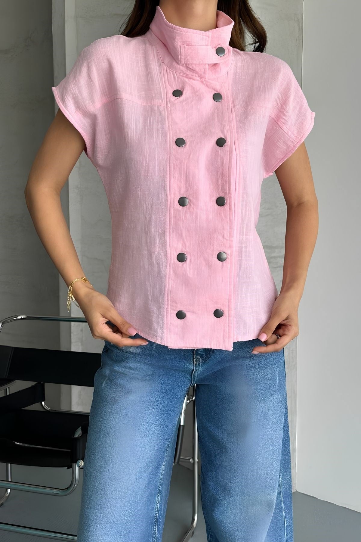 Keten Yıkamalı Kolsuz Yelek Bluz PEMBE