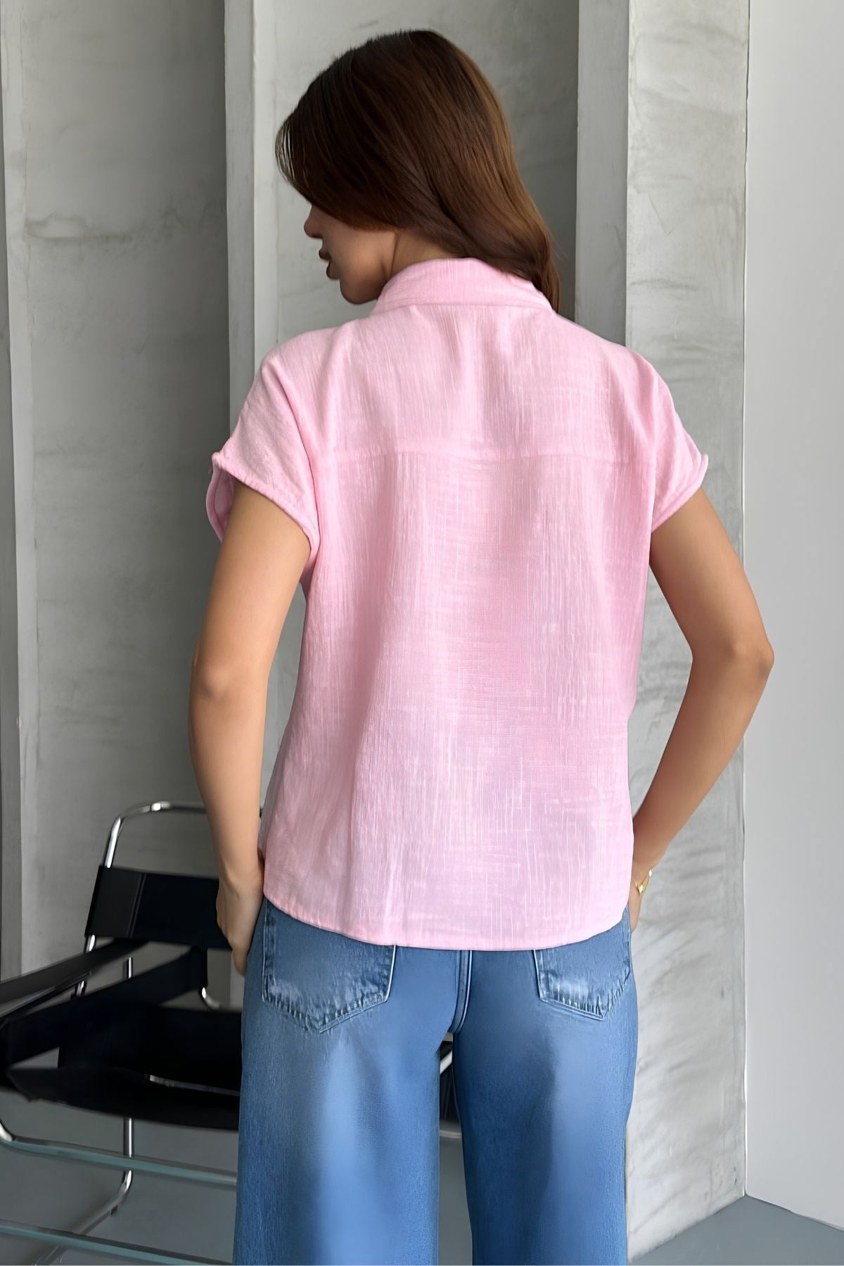 Keten Yıkamalı Kolsuz Yelek Bluz PEMBE