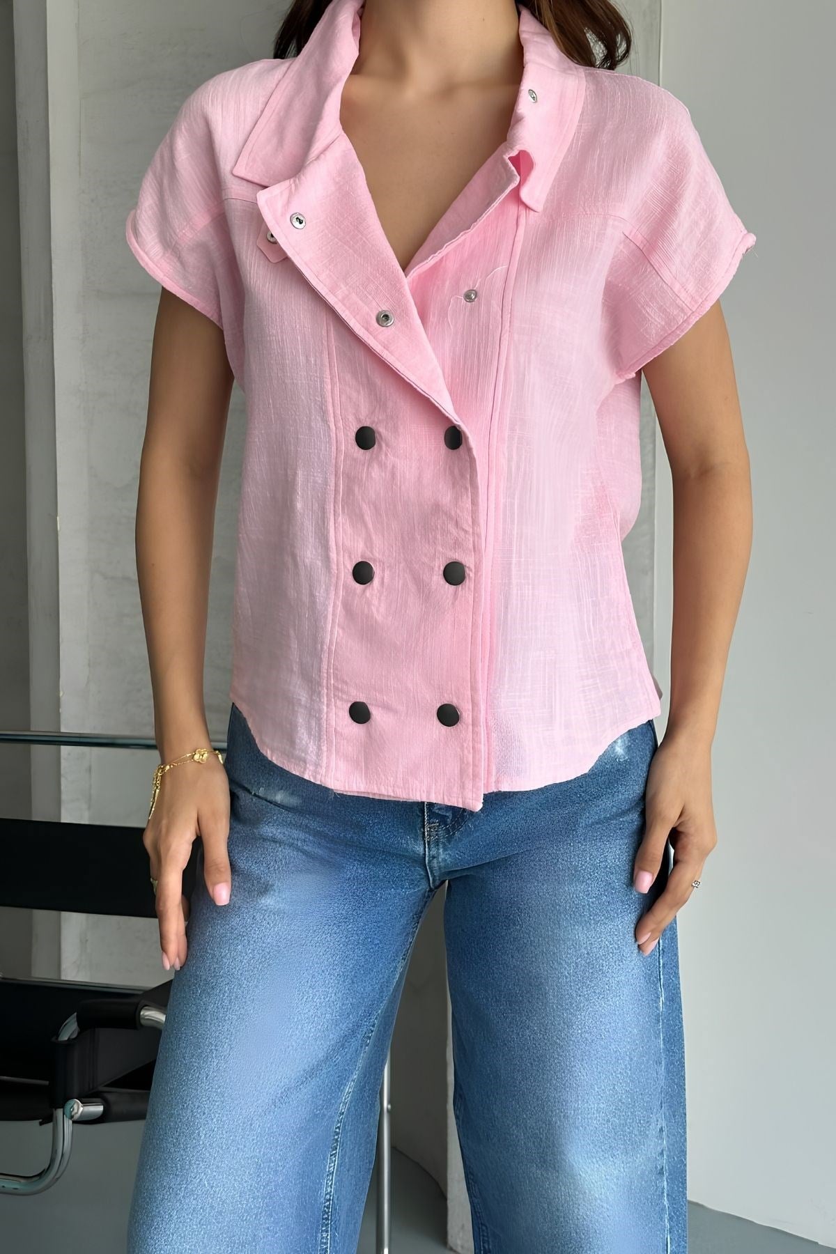 Keten Yıkamalı Kolsuz Yelek Bluz PEMBE