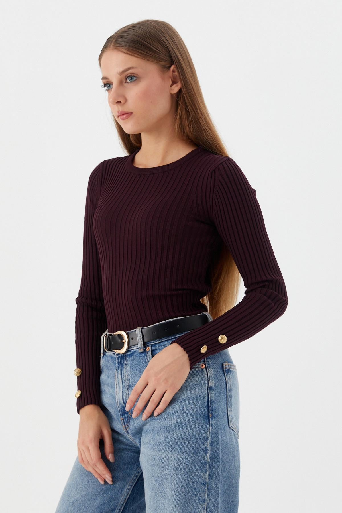 Kolları Düğmeli Fitilli Body BORDO