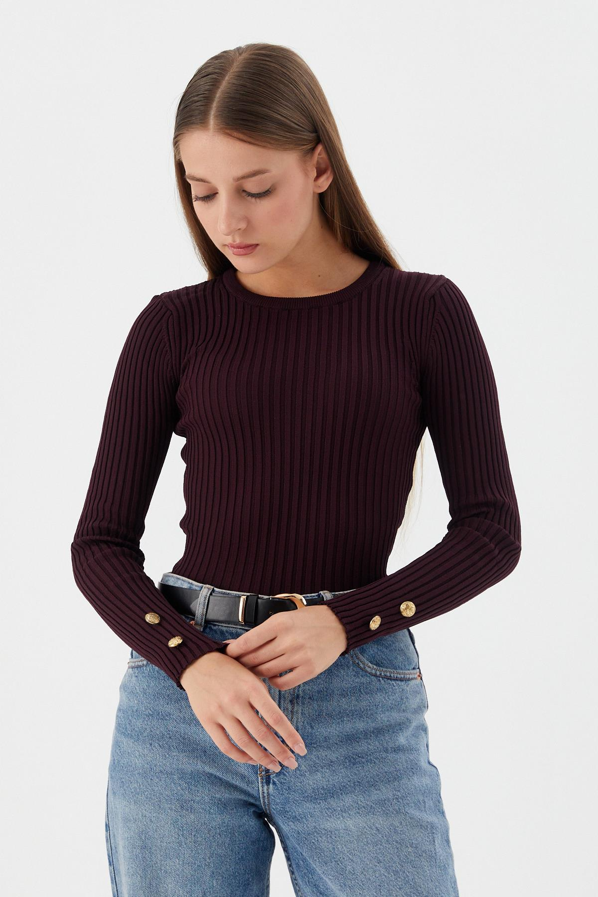 Kolları Düğmeli Fitilli Body BORDO