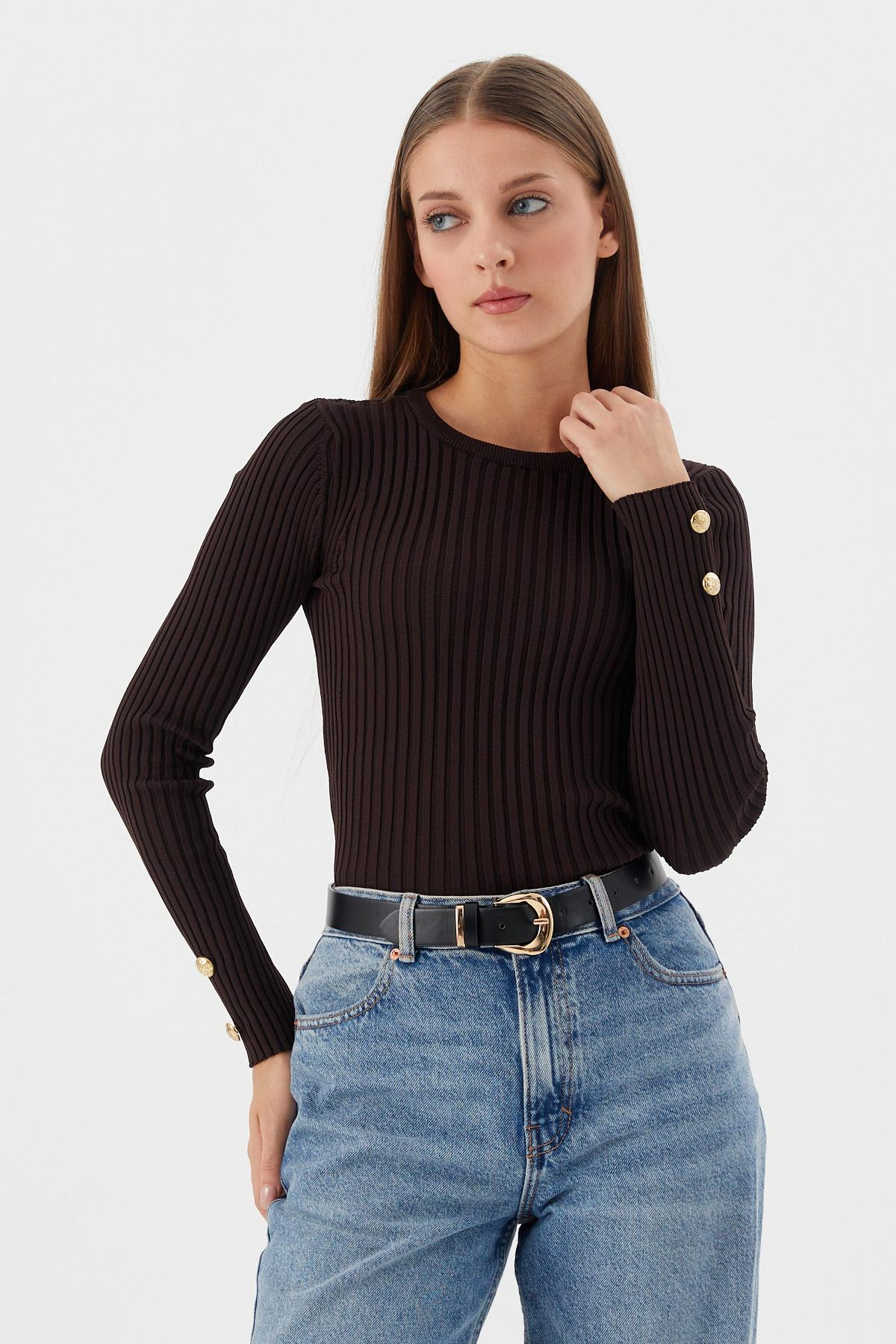 Kolları Düğmeli Fitilli Body KAHVE