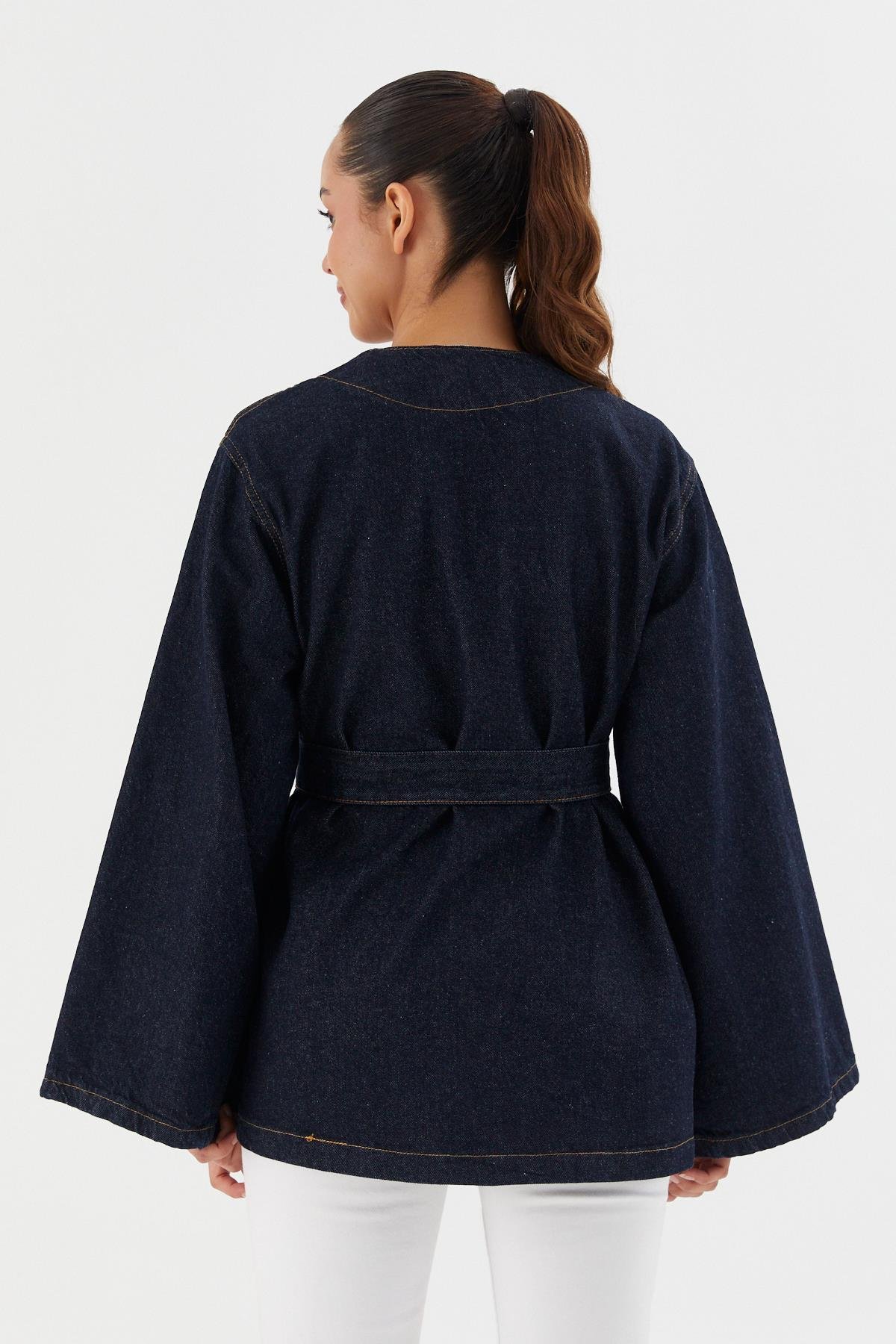 Kuşaklı Denim Ceket MAVI