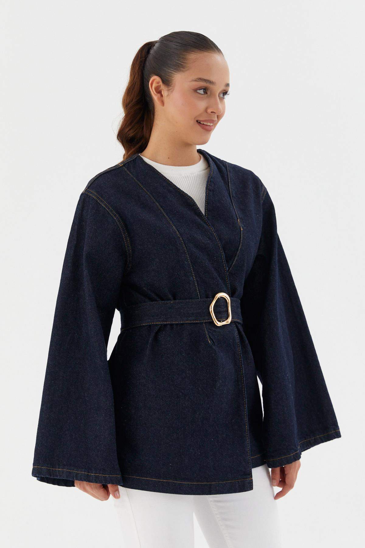 Kuşaklı Denim Ceket MAVI
