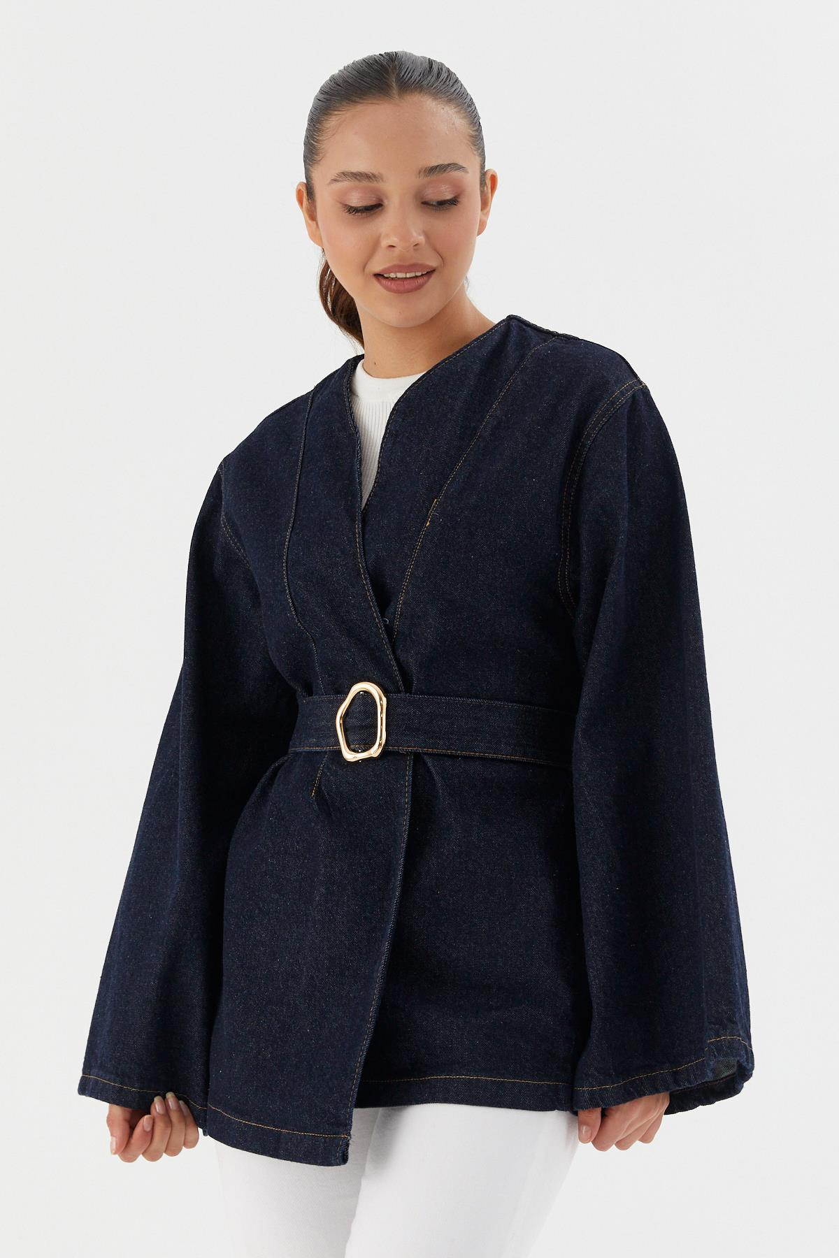 Kuşaklı Denim Ceket MAVI