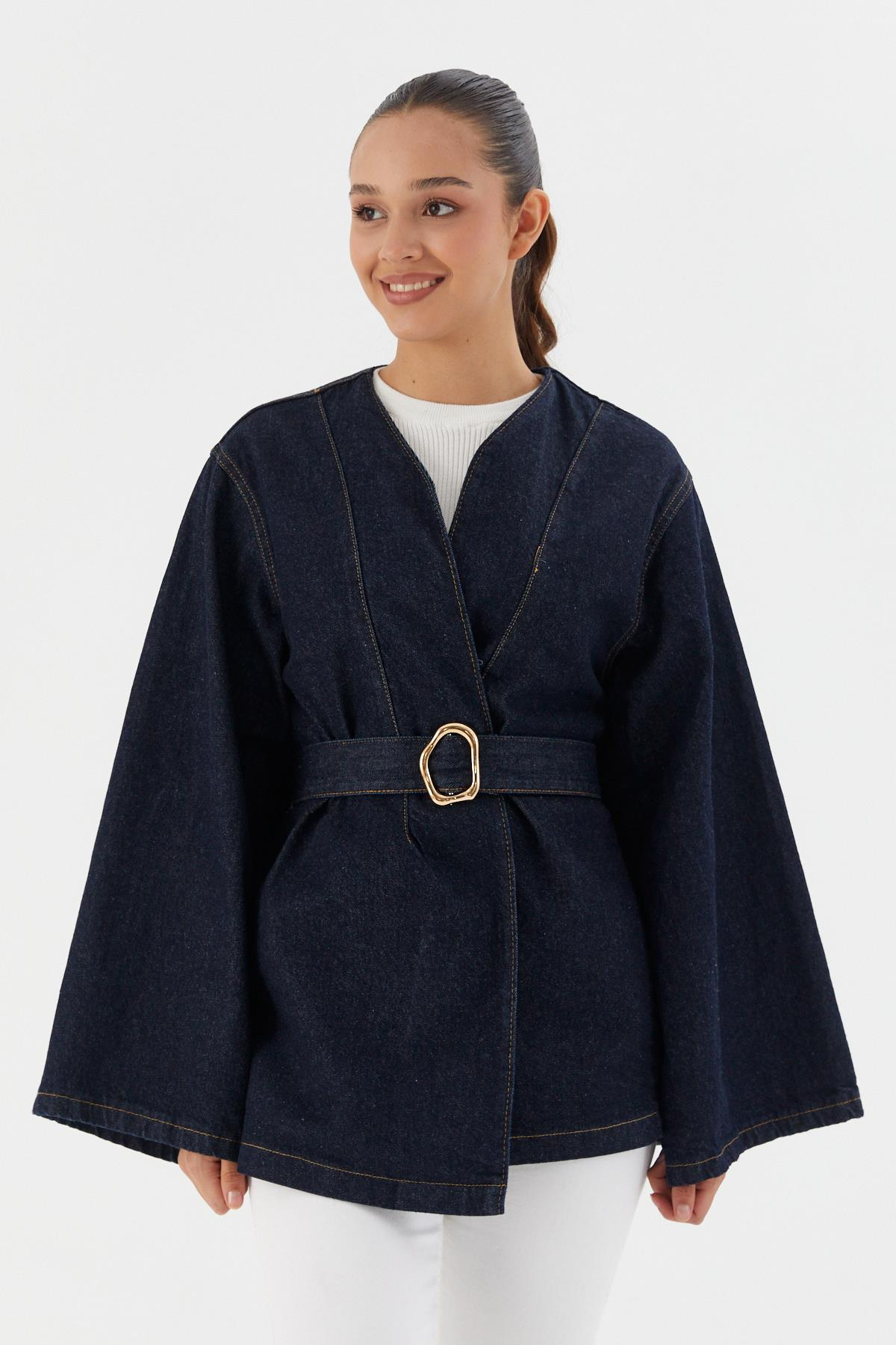 Kuşaklı Denim Ceket MAVI