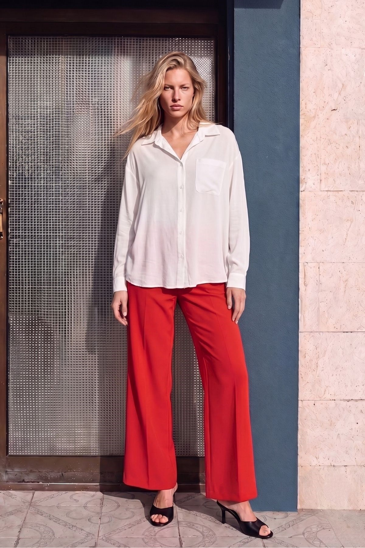 Modal Kumaş Açık Yaka Oversize Gömlek EKRU