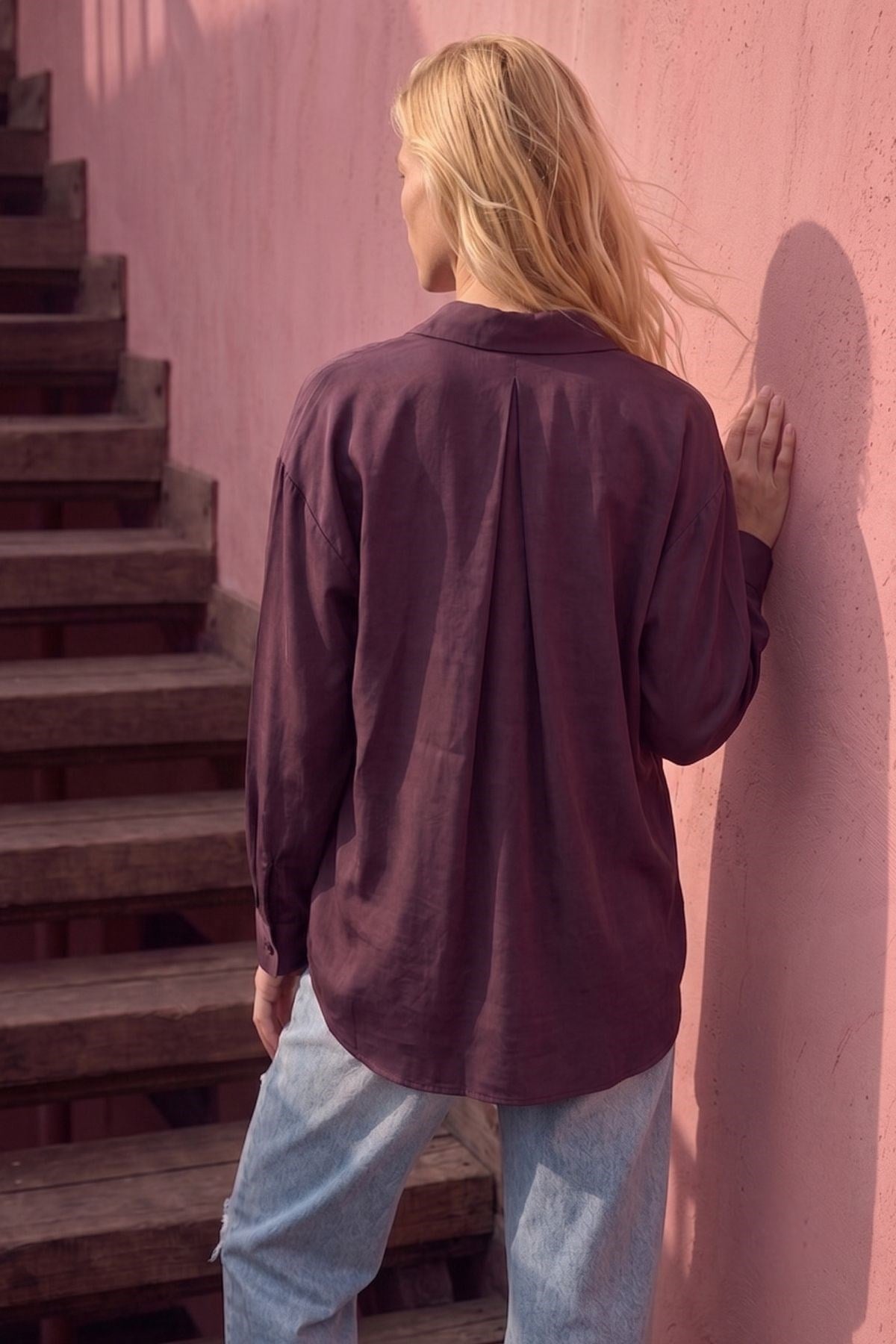 Modal Kumaş Açık Yaka Oversize Gömlek BORDO
