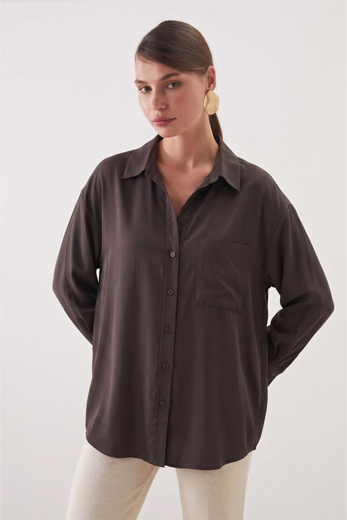 Modal Kumaş Açık Yaka Oversize Gömlek KAHVE