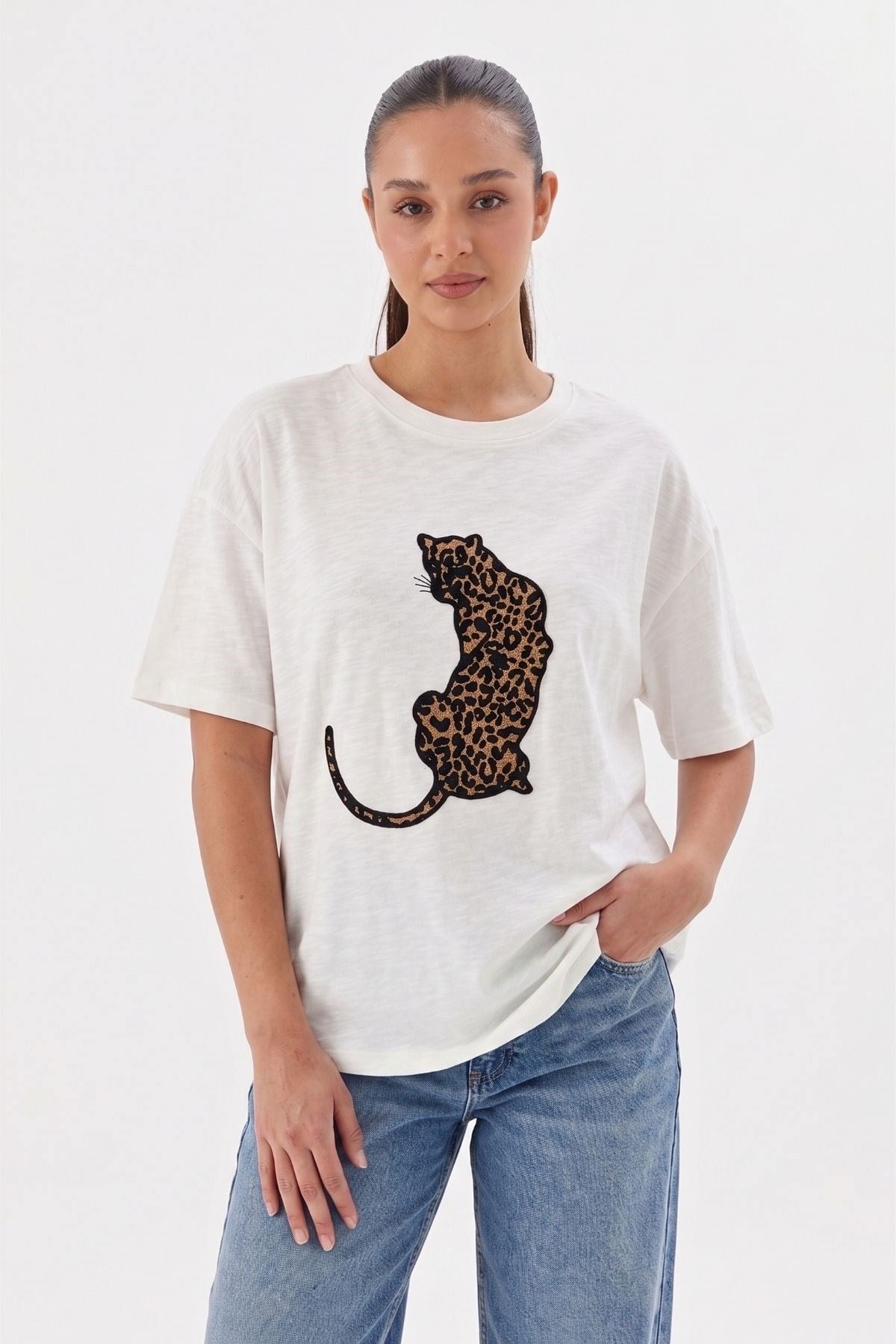 Panter İşlemeli Tişört EKRU