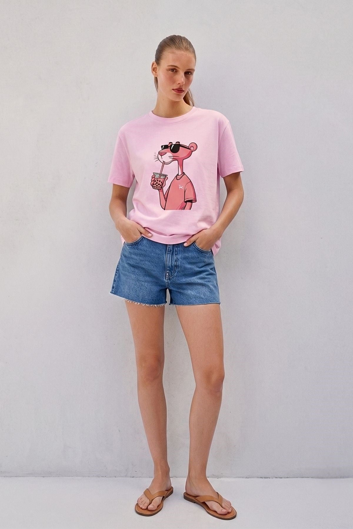 Pembe Panter Baskılı Tişört PEMBE