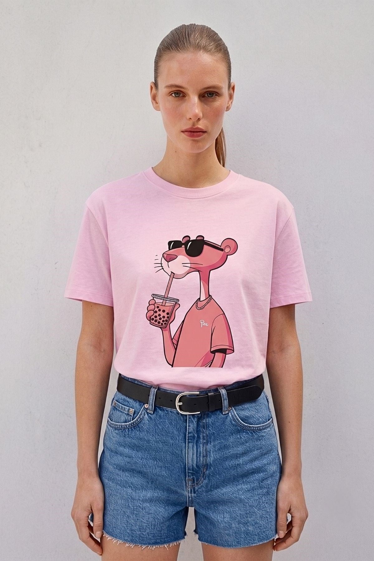Pembe Panter Baskılı Tişört PEMBE