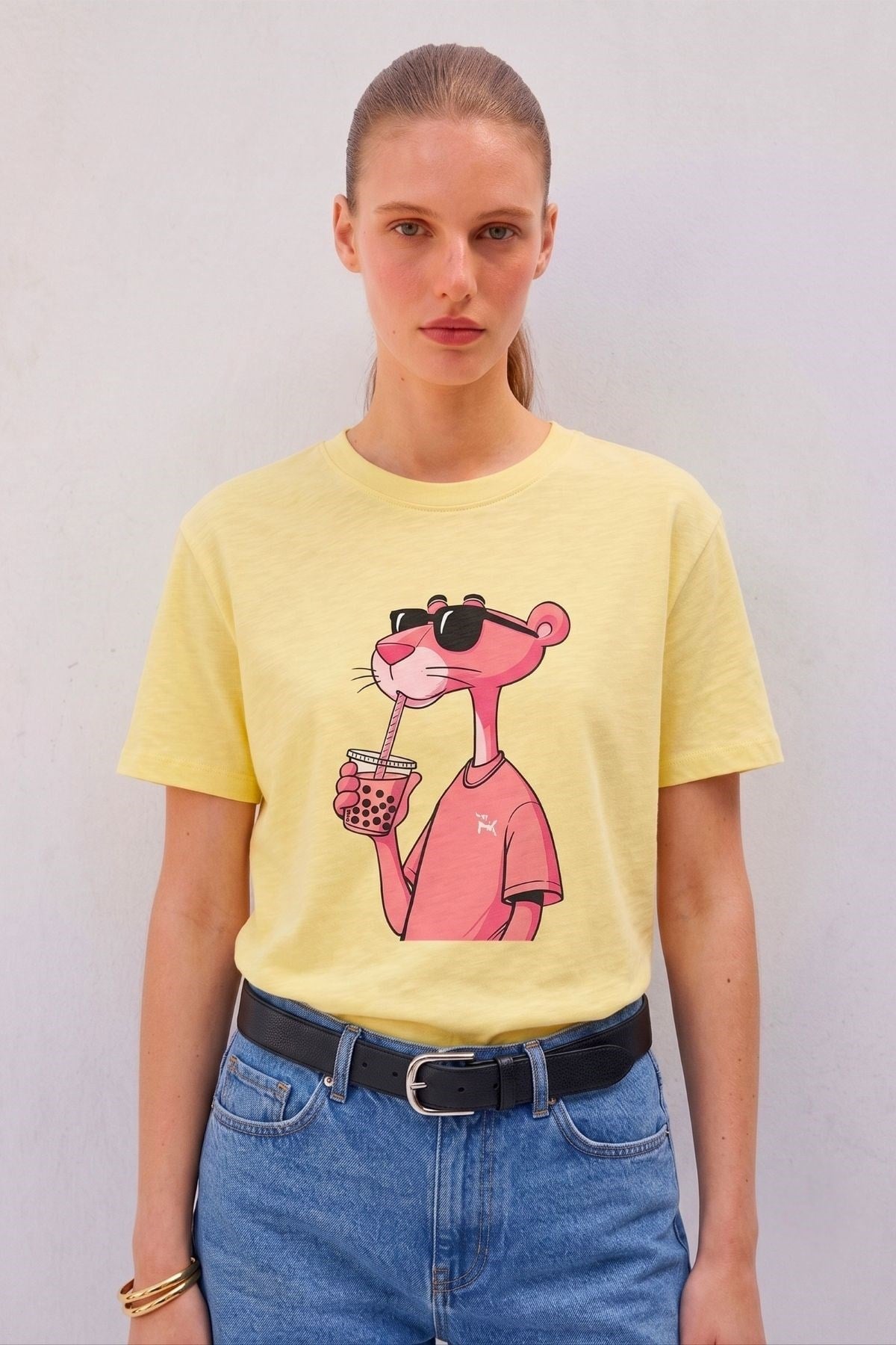 Pembe Panter Baskılı Tişört SARI