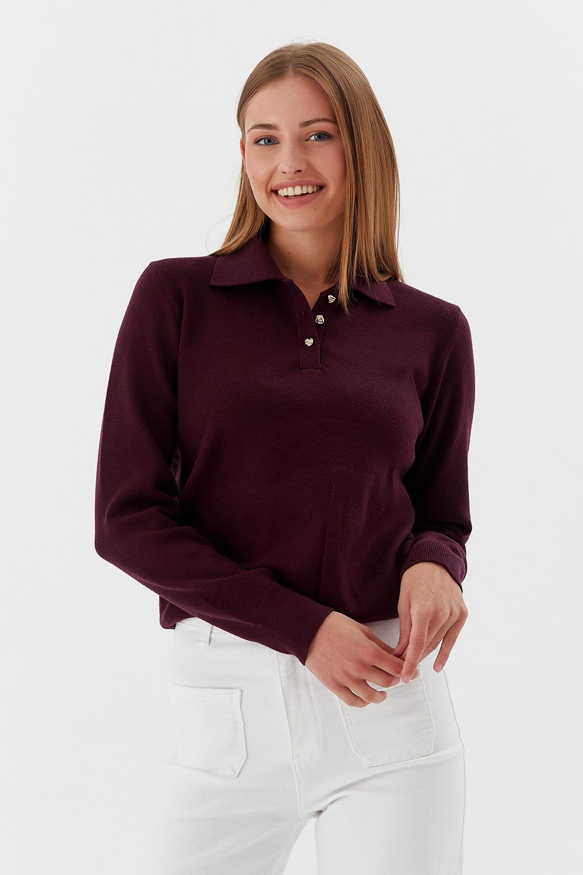 Polo Yaka Yumuşak Kazak BORDO