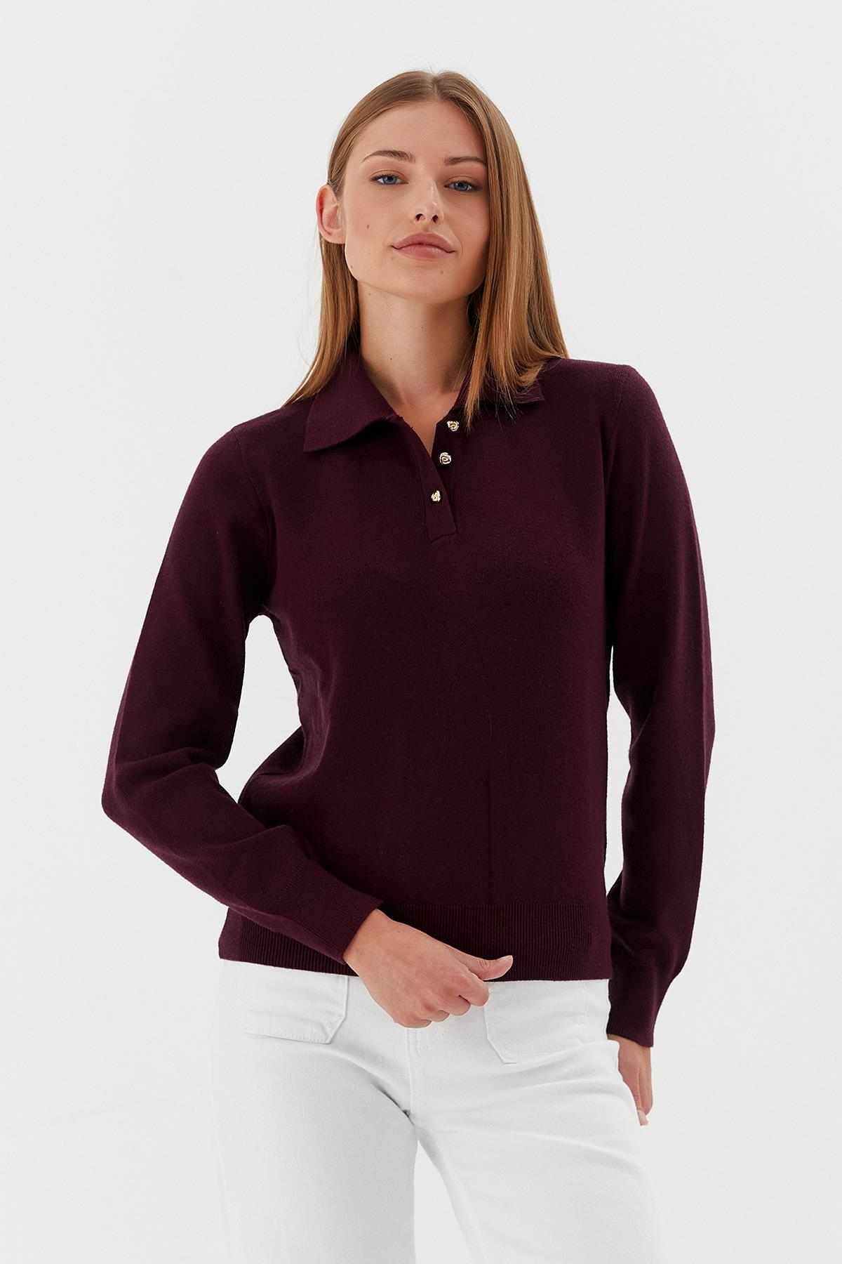 Polo Yaka Yumuşak Kazak BORDO