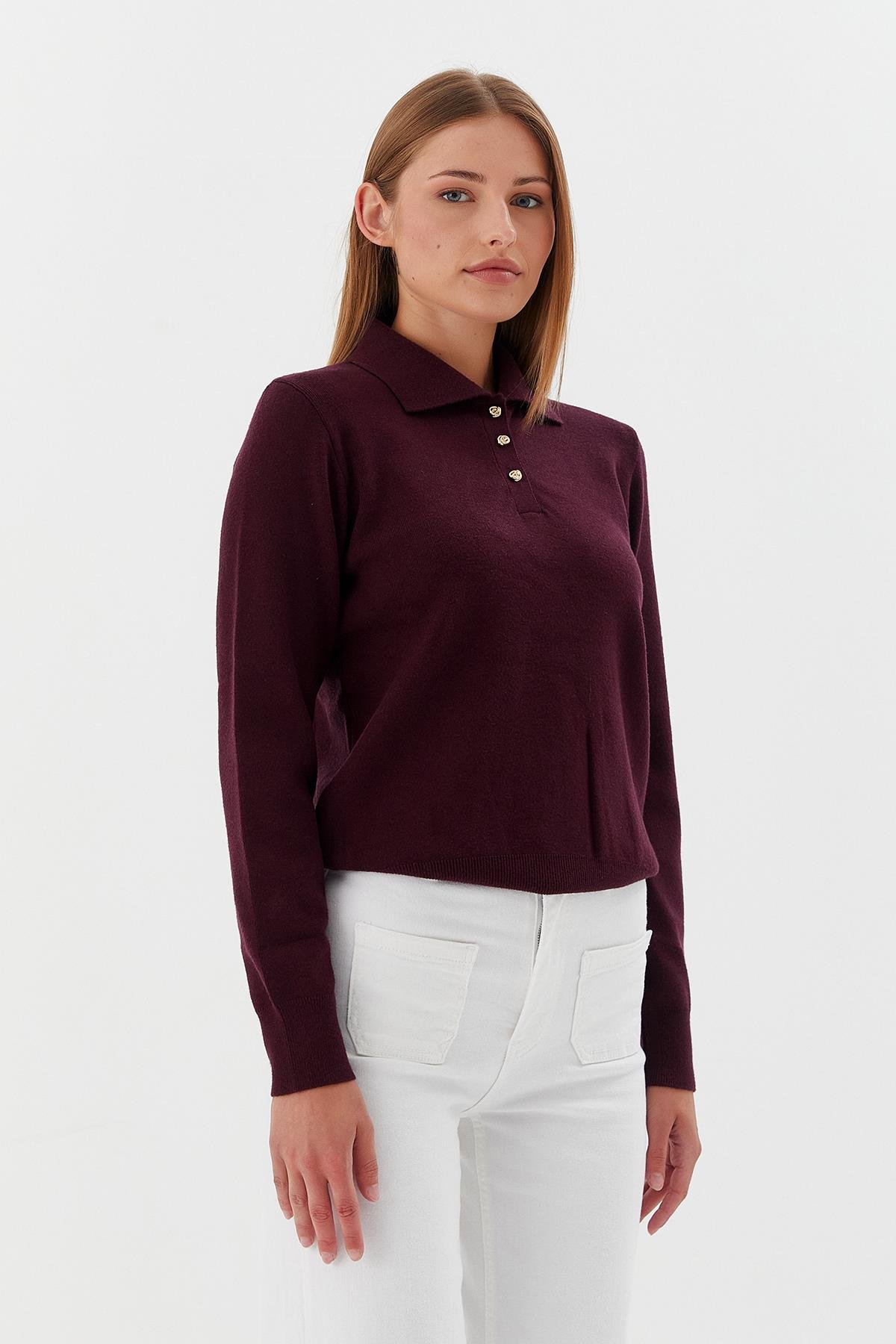 Polo Yaka Yumuşak Kazak BORDO