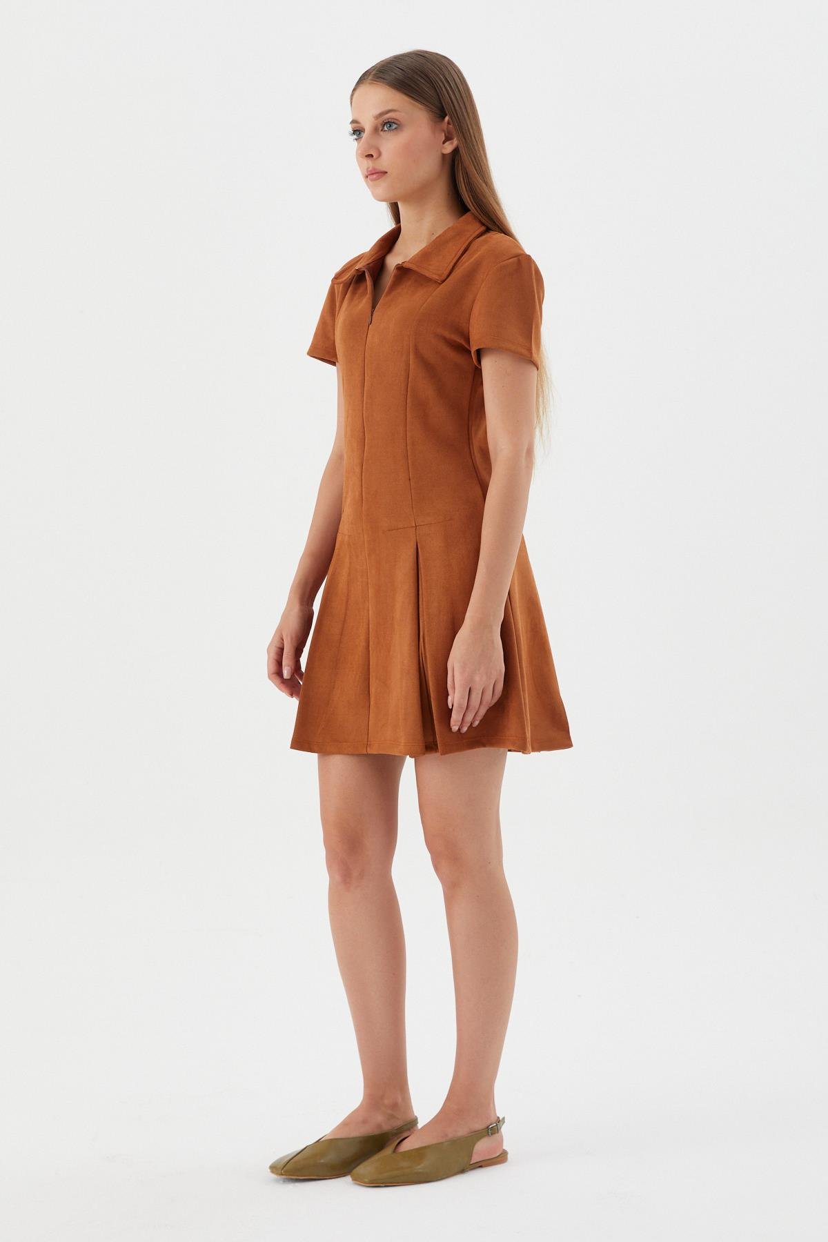 Süet Mini Elbise TABA