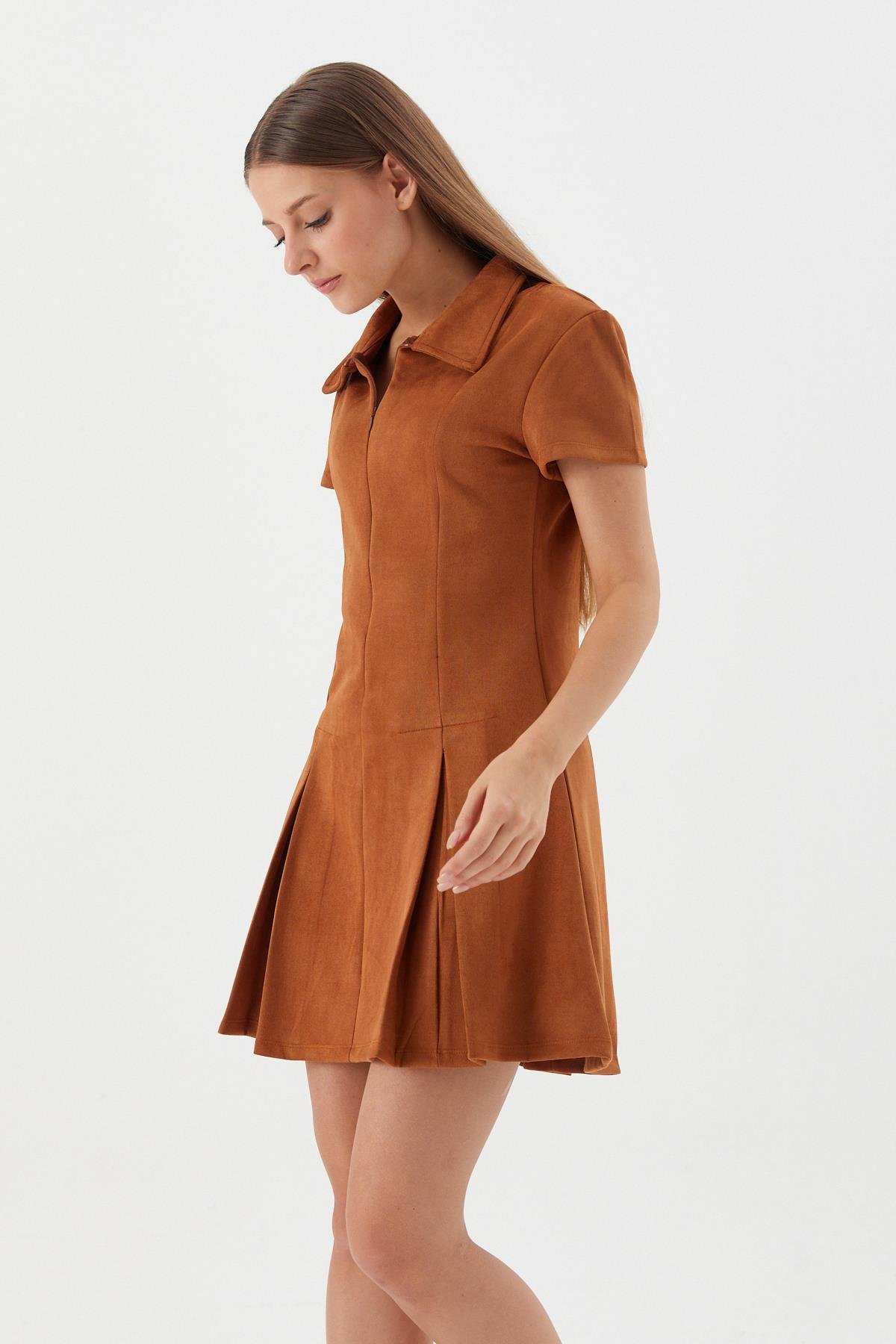 Süet Mini Elbise TABA