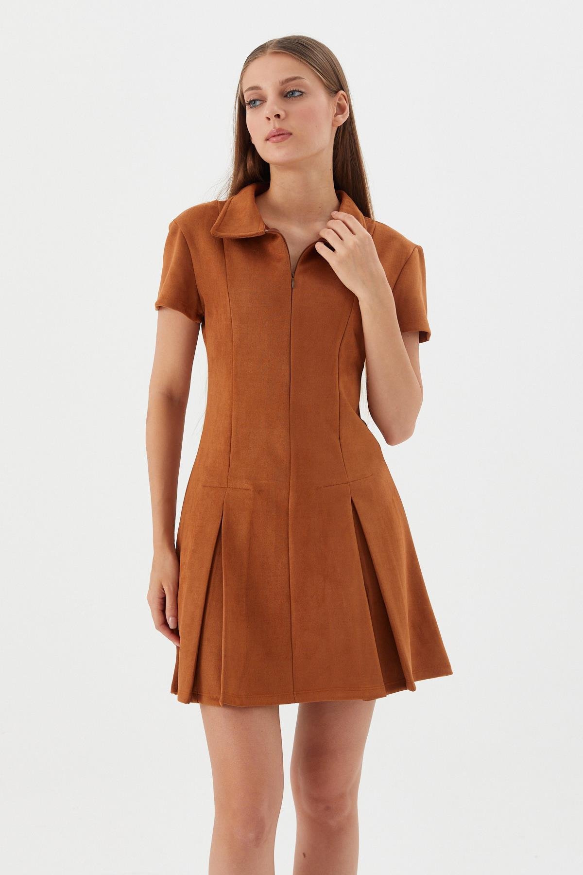 Süet Mini Elbise TABA