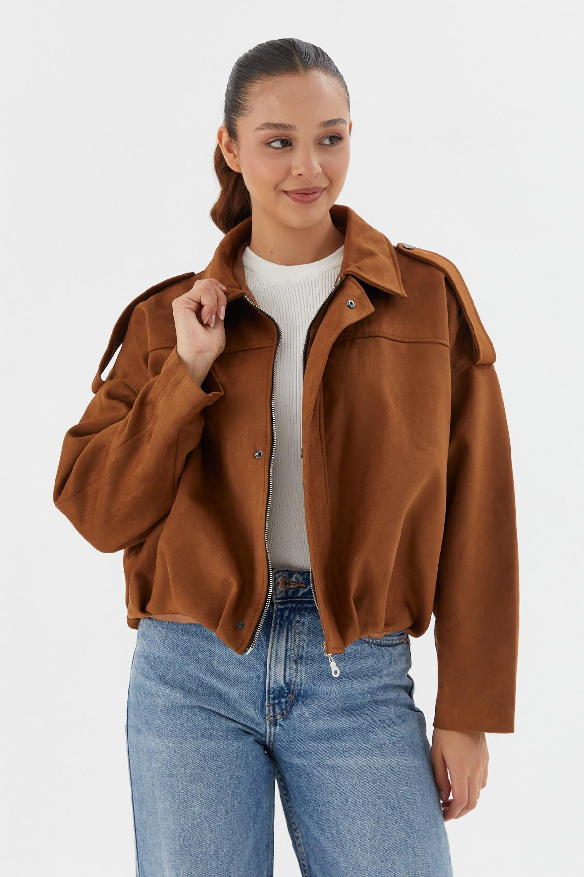 Süet Oversize Bomber Ceket KAHVE