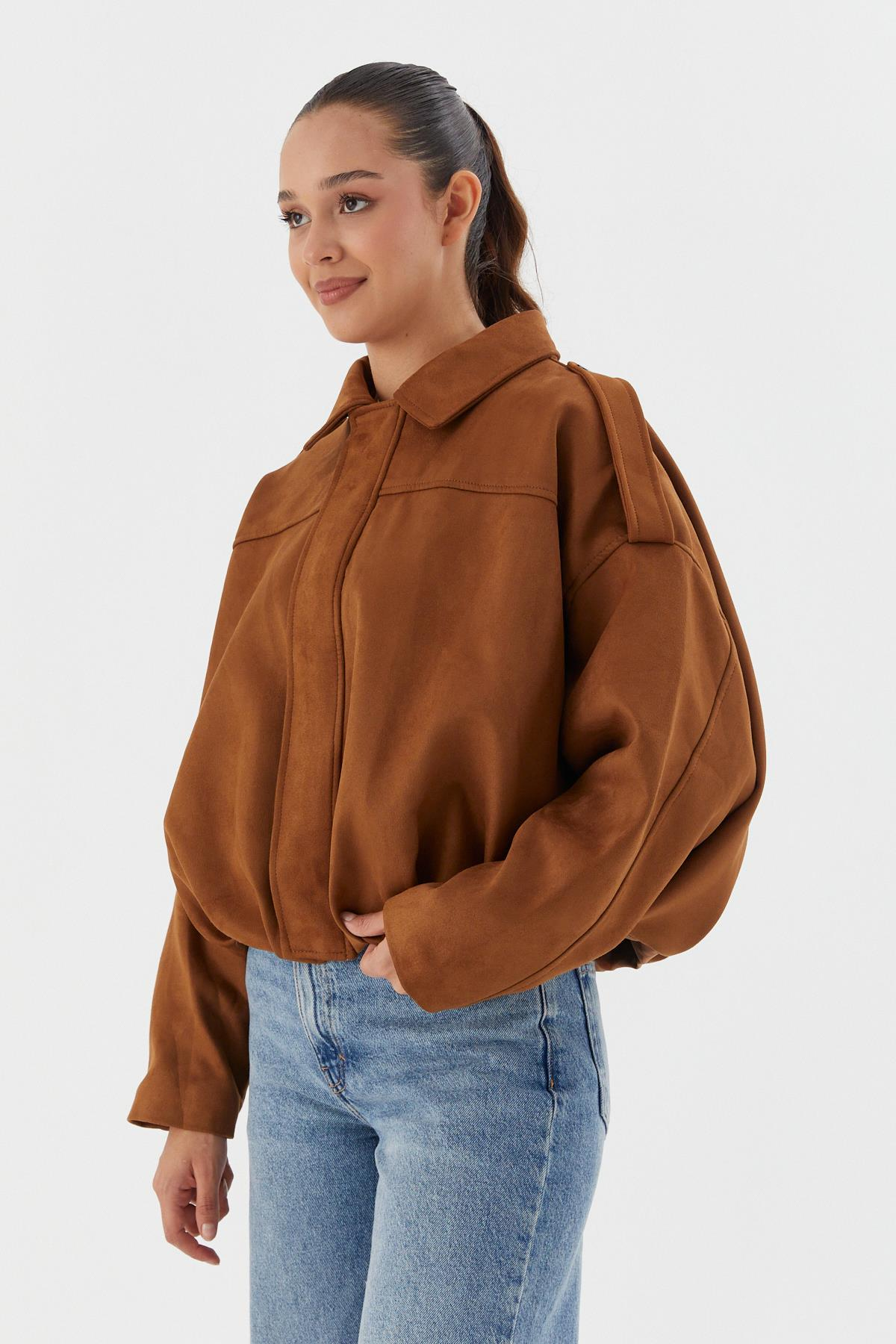Süet Oversize Bomber Ceket KAHVE