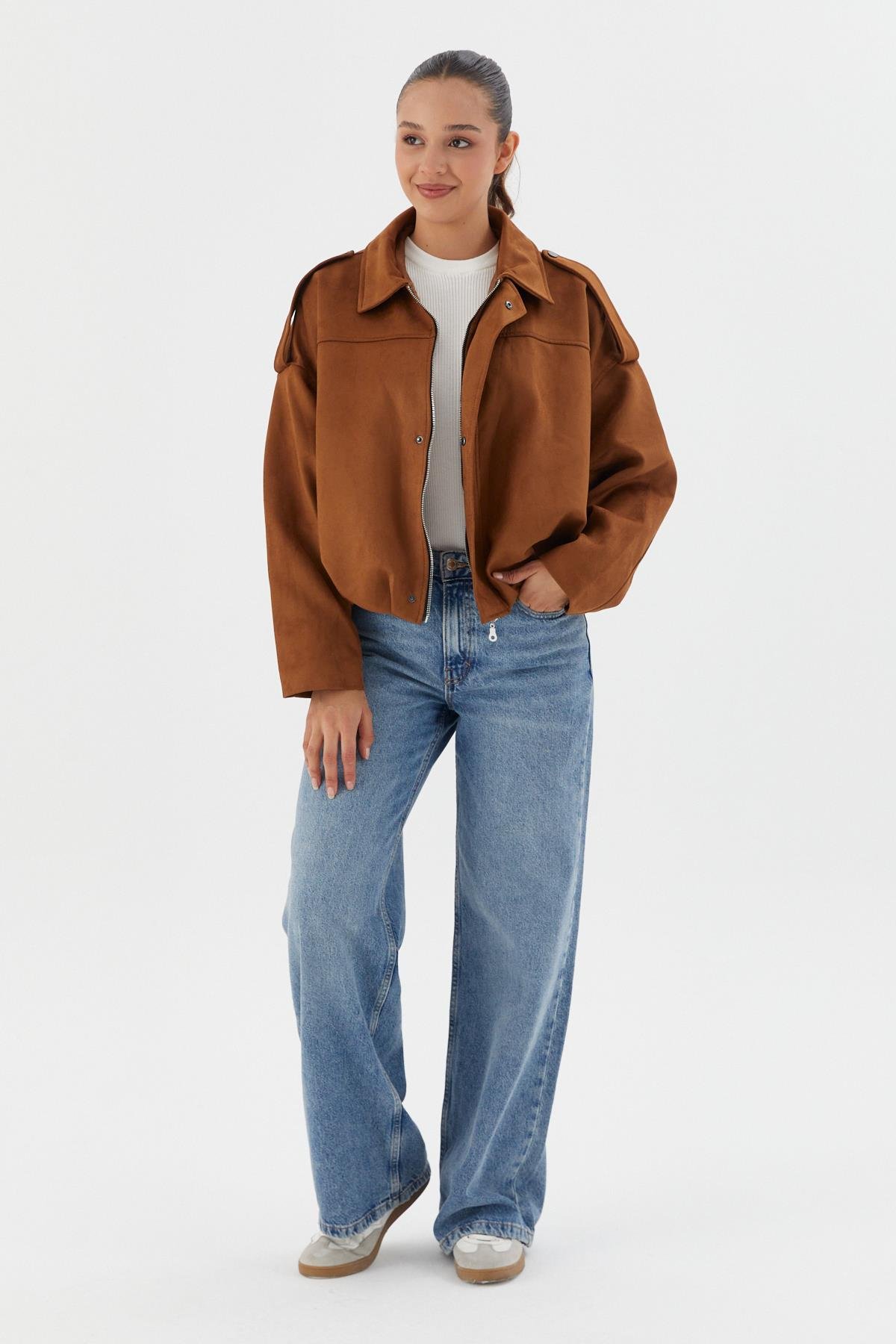 Süet Oversize Bomber Ceket KAHVE