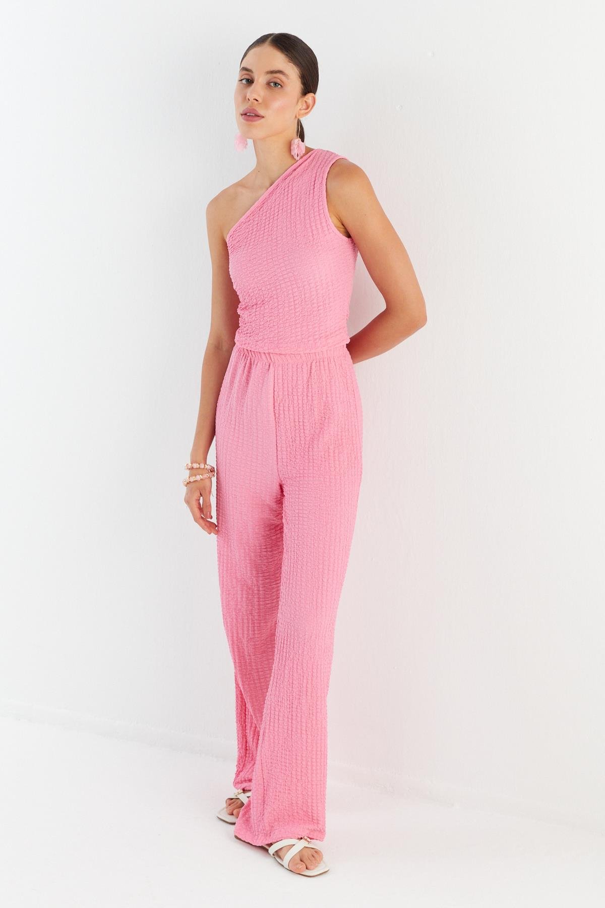 Tek Omuz Gofre Kumaş Bluz Pantolon Takım PEMBE