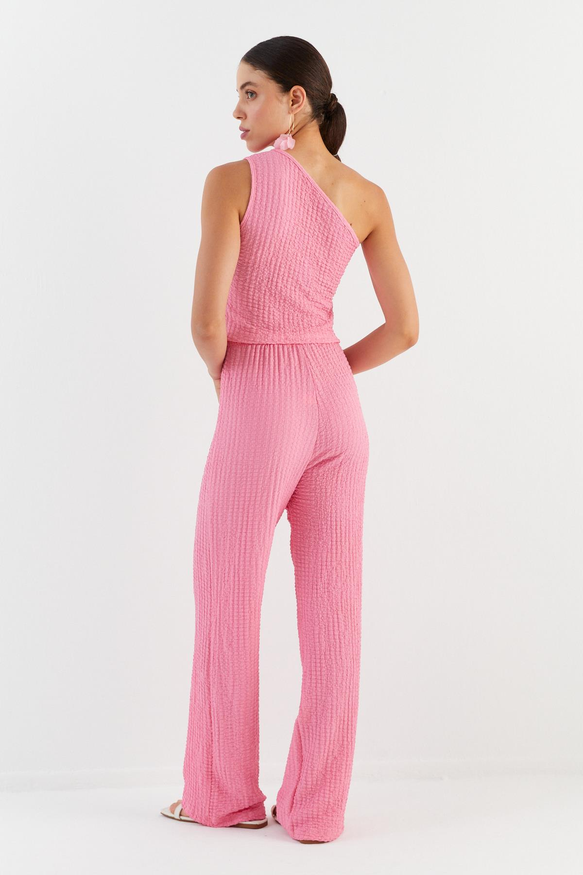 Tek Omuz Gofre Kumaş Bluz Pantolon Takım PEMBE