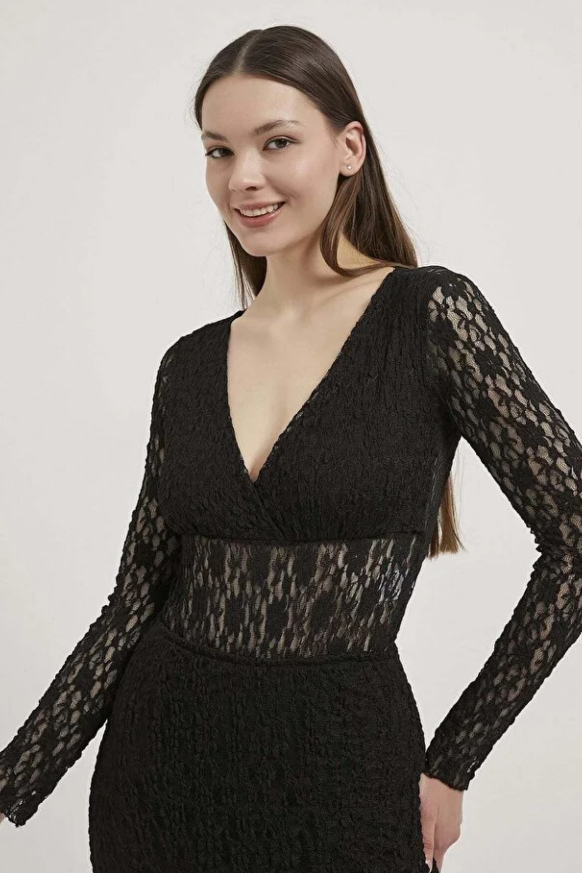 Uzun Kollu Dantel Bodysuit SIYAH