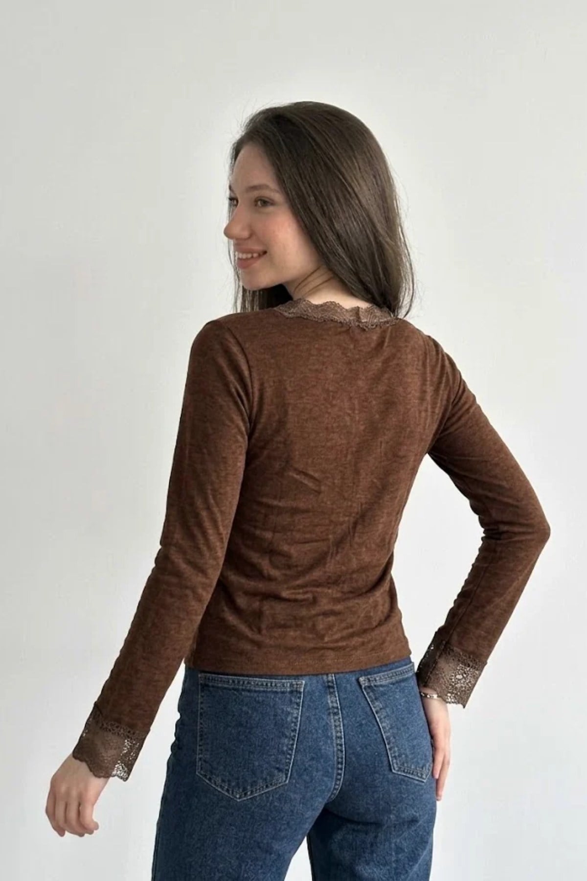 V Yakası Dantelli Body KAHVE